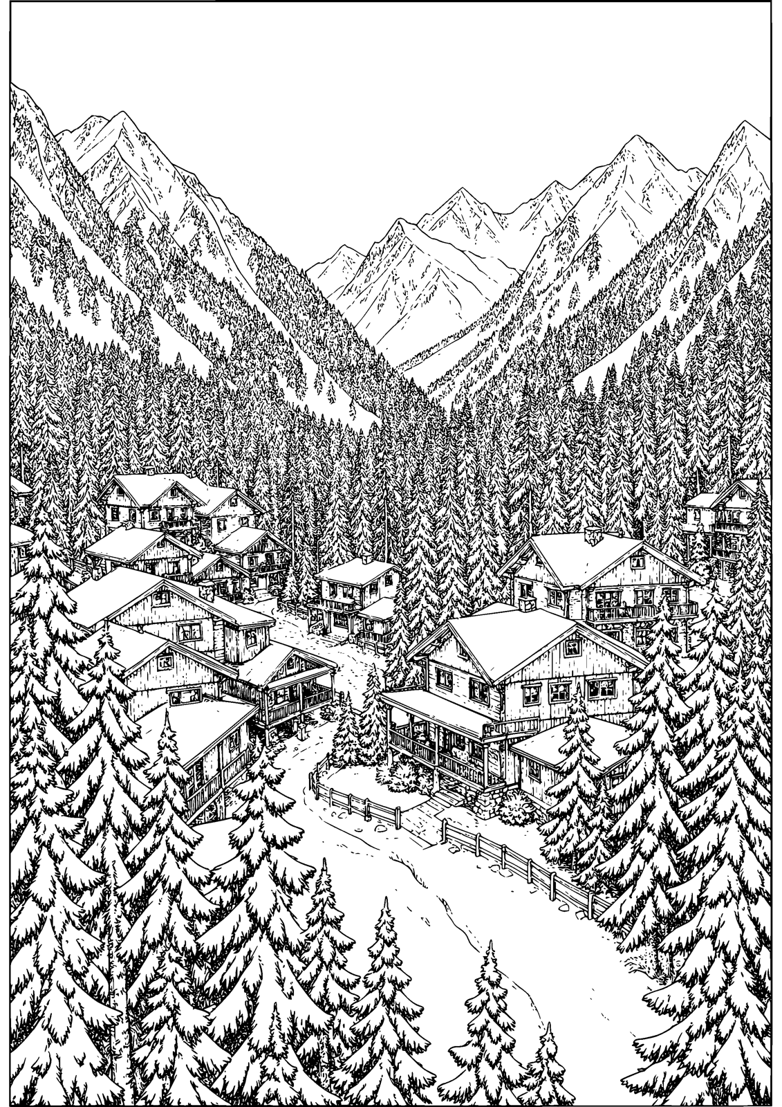 Alpine Village coloring page — snow settles over a quiet alpine village, free printable line art to color
