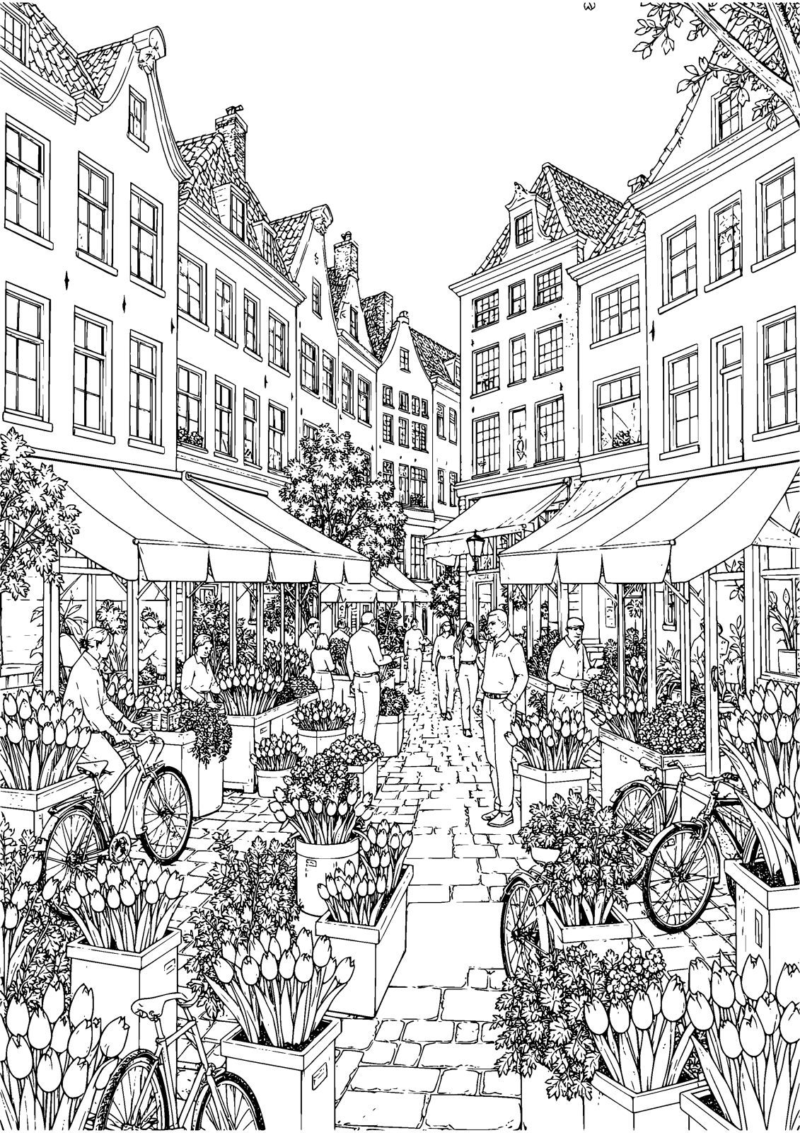 Amsterdam Flower Market coloring page — tulips brighten the canal-side market, free printable line art to color