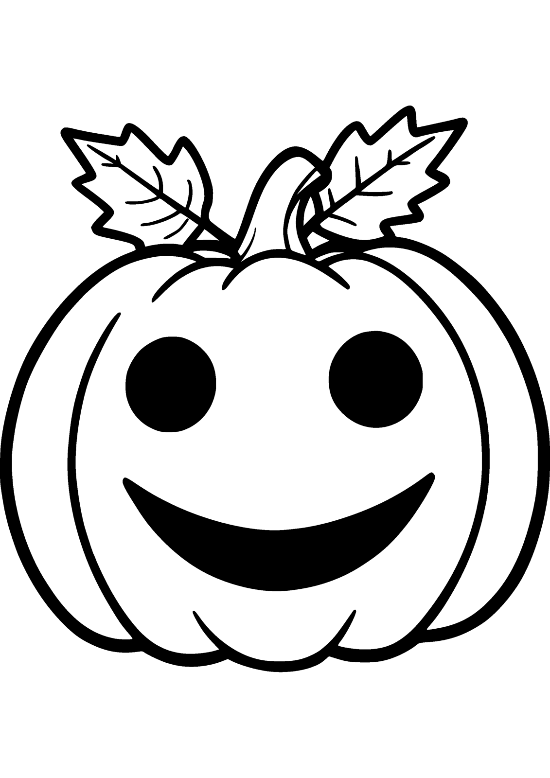 Big Smiling Pumpkin coloring page — one large carved pumpkin with autumn leaves, free printable line art to color