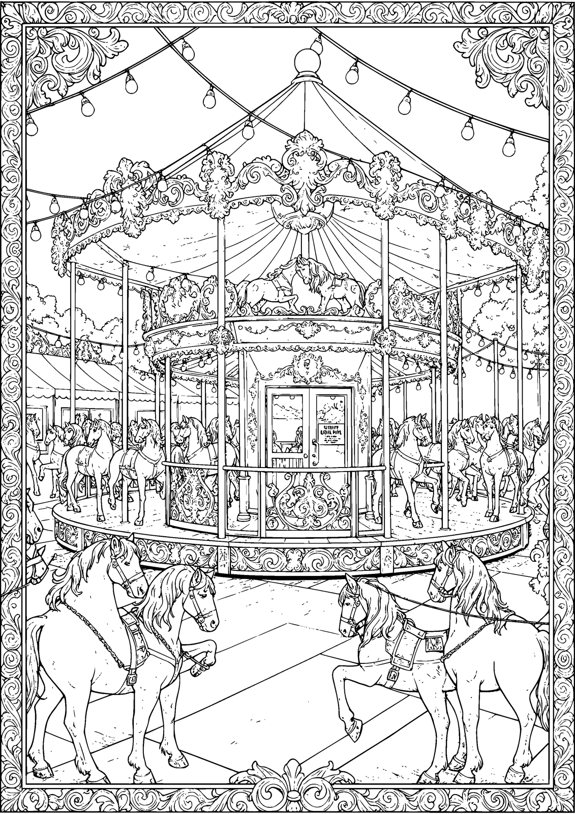 Night Carousel coloring page — the carousel spins beneath festival lights, free printable line art to color
