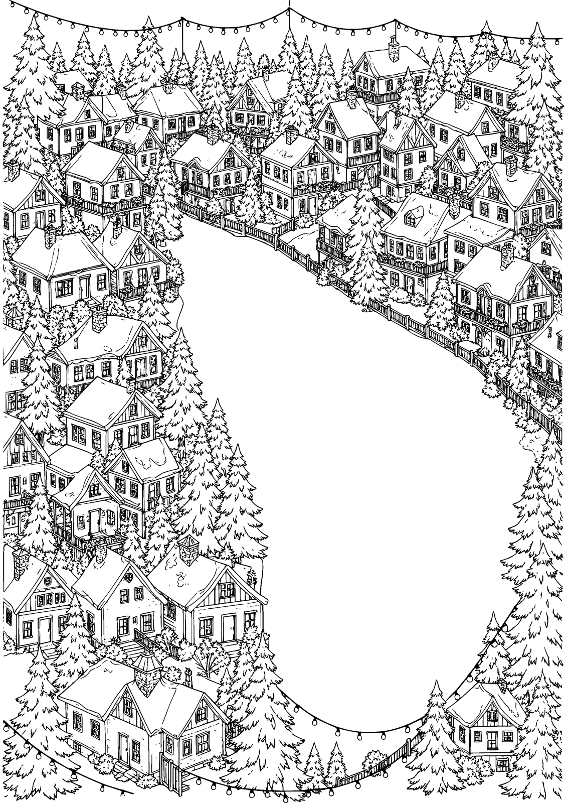 Christmas Village coloring page — a snowy village of lit cottages and pines, free printable line art to color