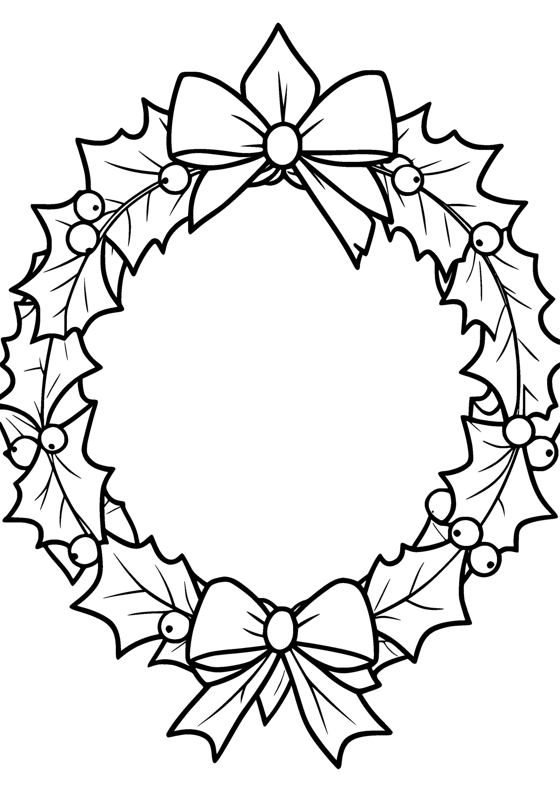 Christmas Wreath coloring page — a large wreath with holly, berries and a bow, free printable line art to color