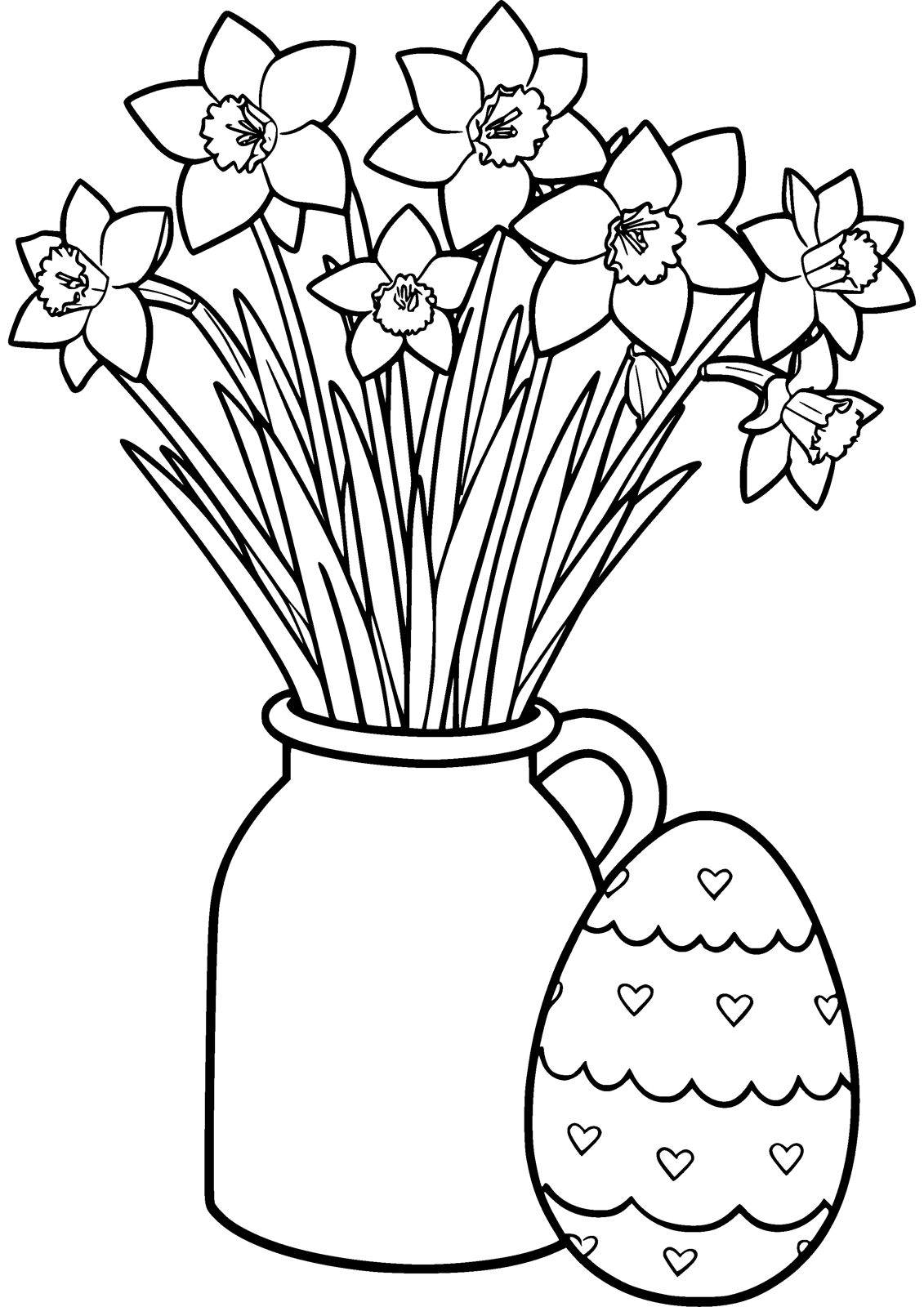 Daffodils and Egg coloring page — daffodils in a jug beside a decorated egg, free printable line art to color