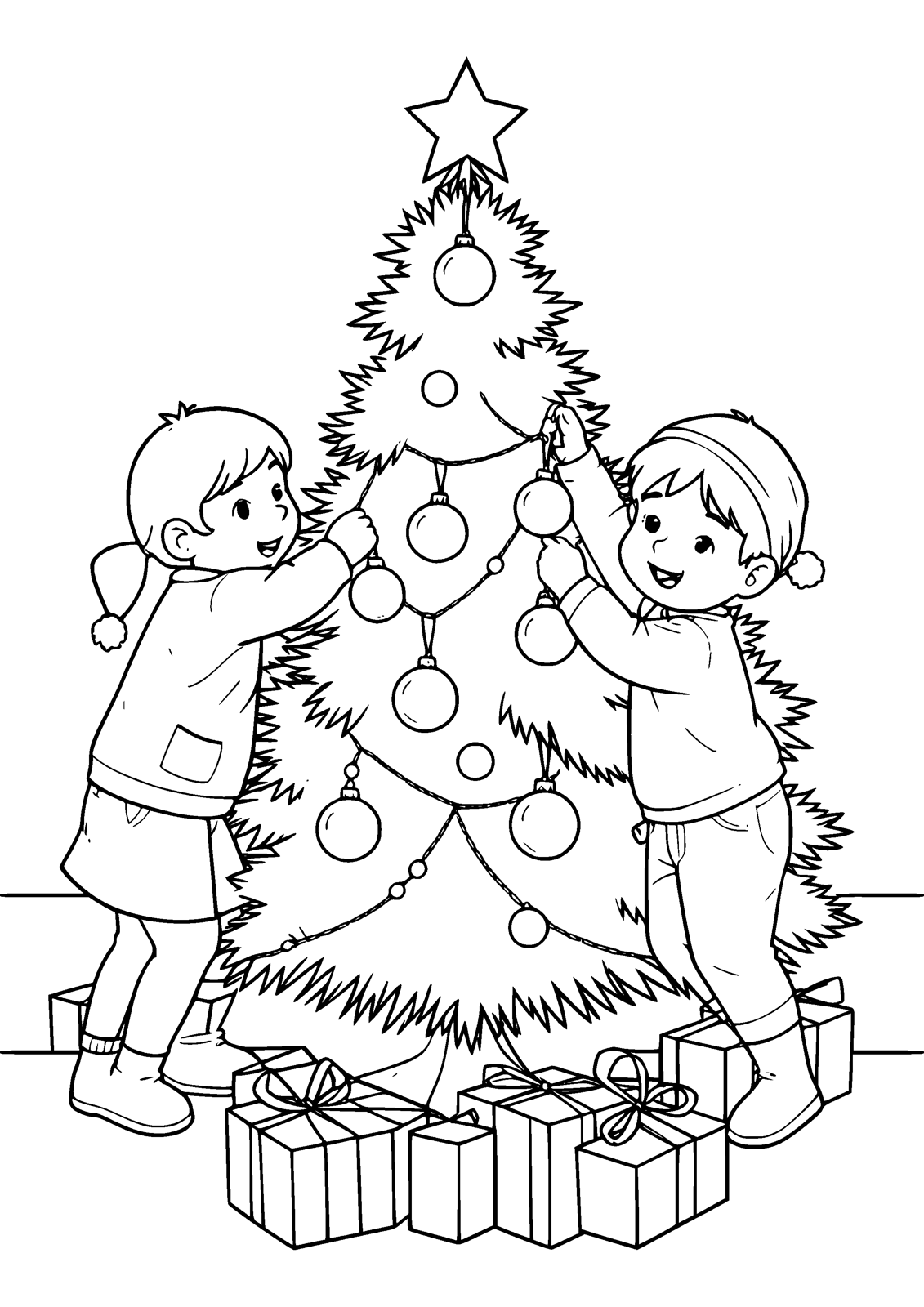 Decorating the Tree coloring page — children hang ornaments on the christmas tree, free printable line art to color