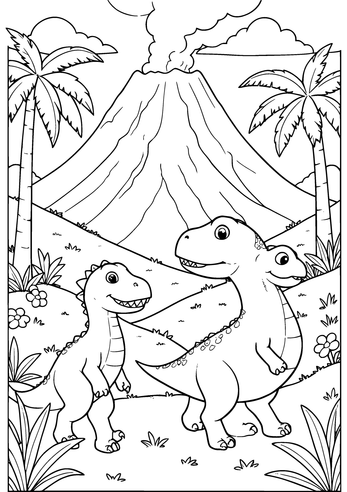 Dinosaur Valley coloring page — dinosaurs roam the valley by the old volcano, free printable line art to color