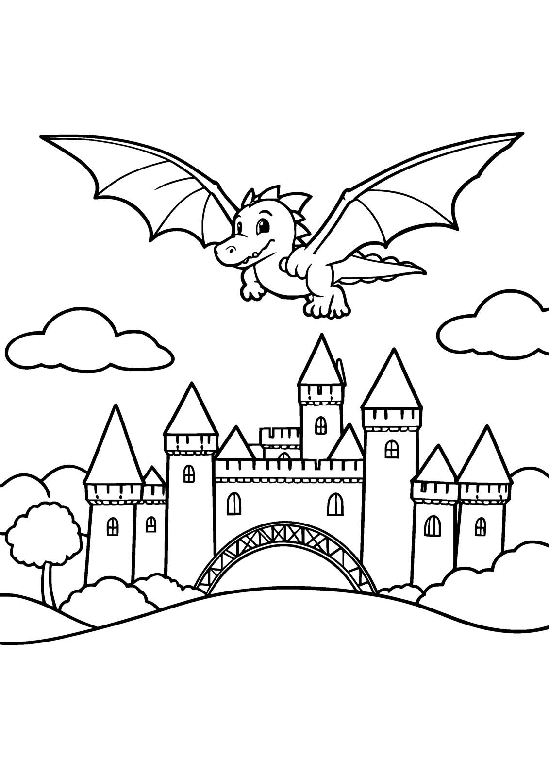 Dragon and Castle coloring page — a friendly dragon soars over the castle bridge, free printable line art to color