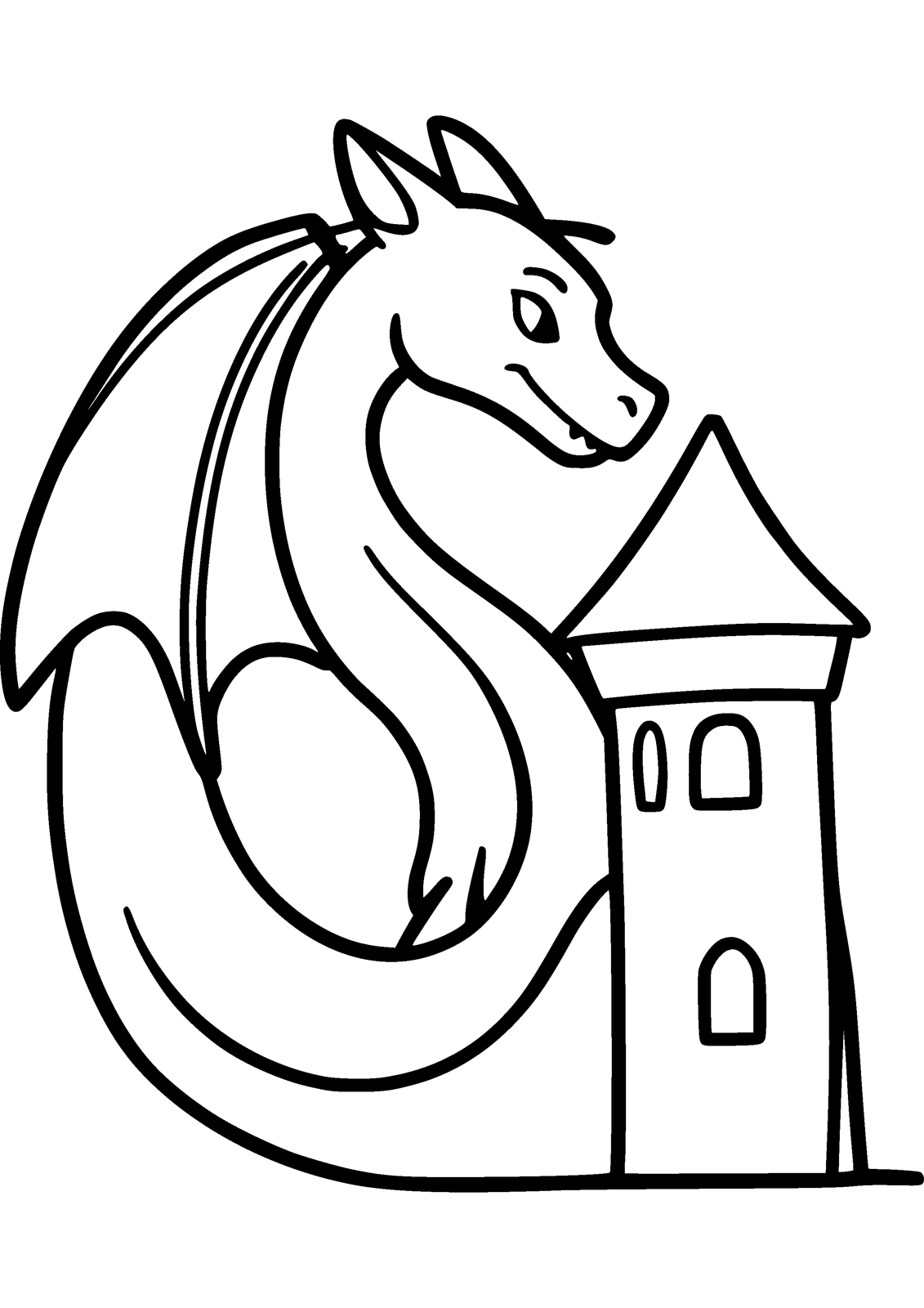 Dragon and Tower coloring page — a large dragon curls around a tower, free printable line art to color