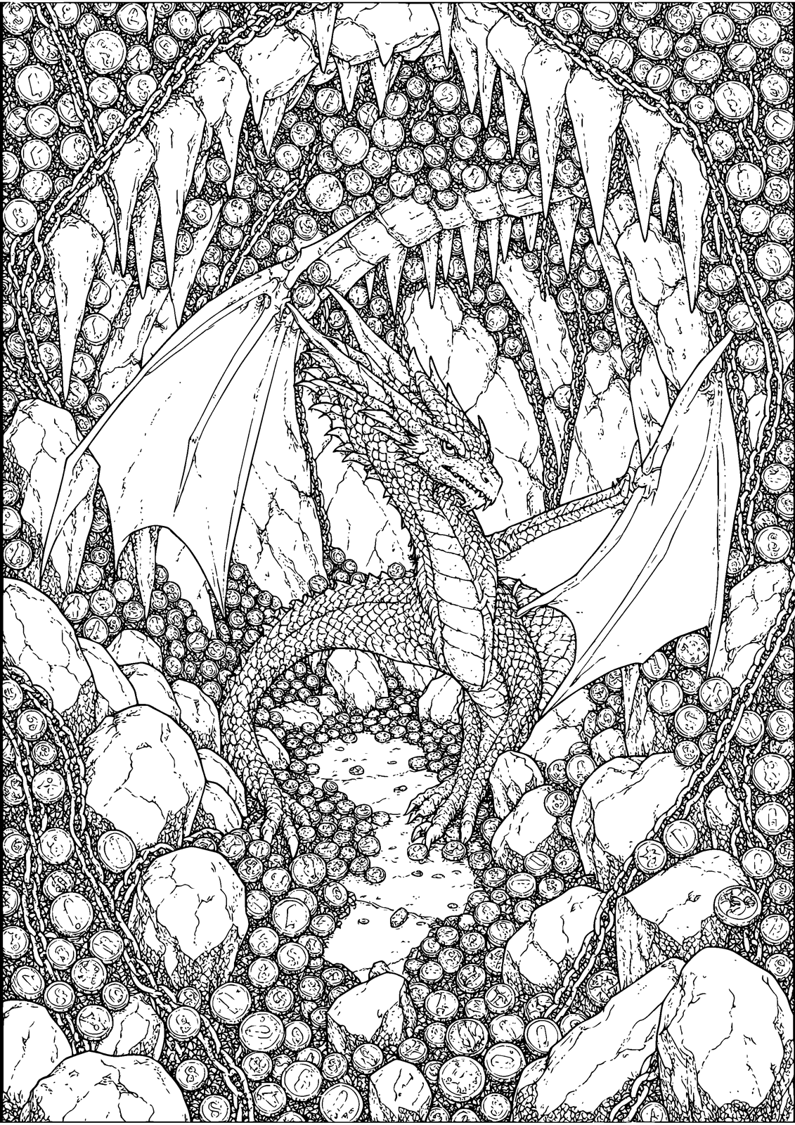 Dragon's Mountain Lair coloring page — a dragon among rocks, coins and stalactites, free printable line art to color