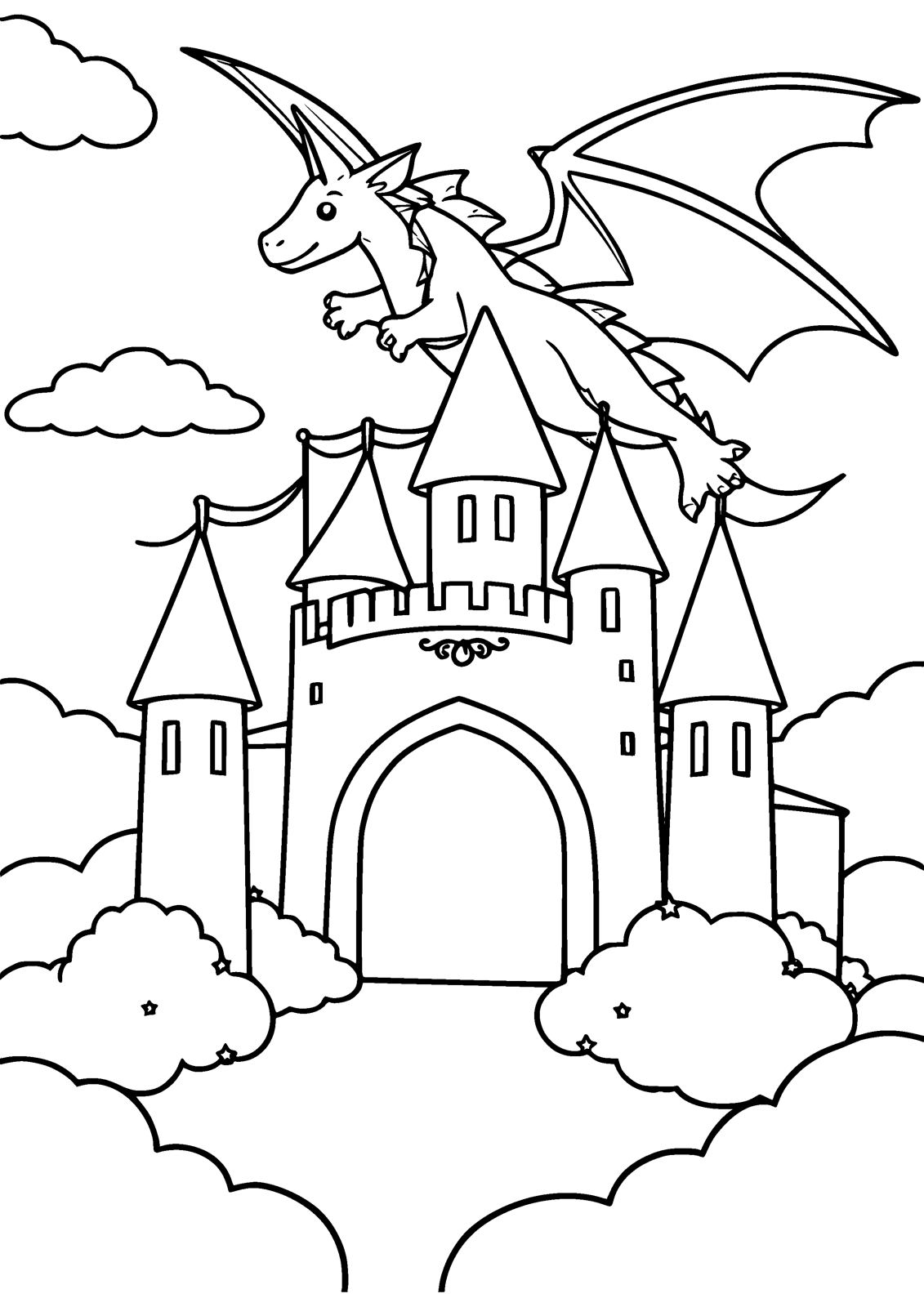 Dragon Over the Castle coloring page — a dragon soars above a castle with pennants, free printable line art to color