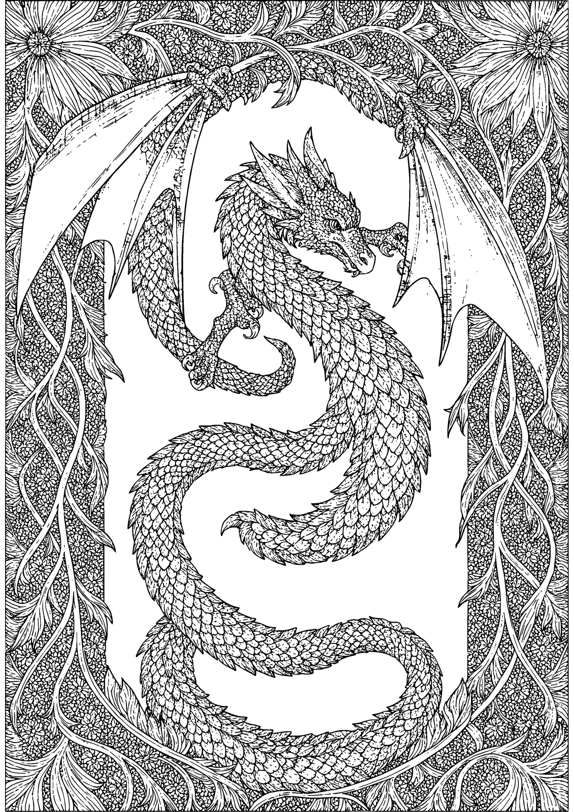 Coiled Dragon coloring page — a coiled dragon patterned to every edge, free printable line art to color