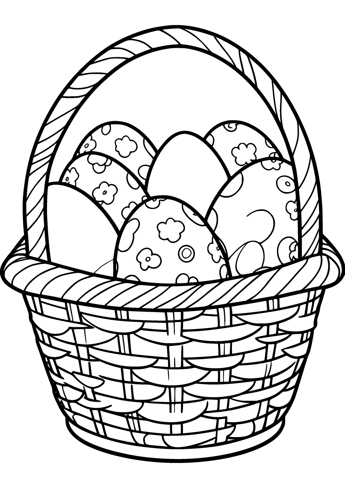 Easter Basket coloring page — a woven basket filled with decorated eggs, free printable line art to color