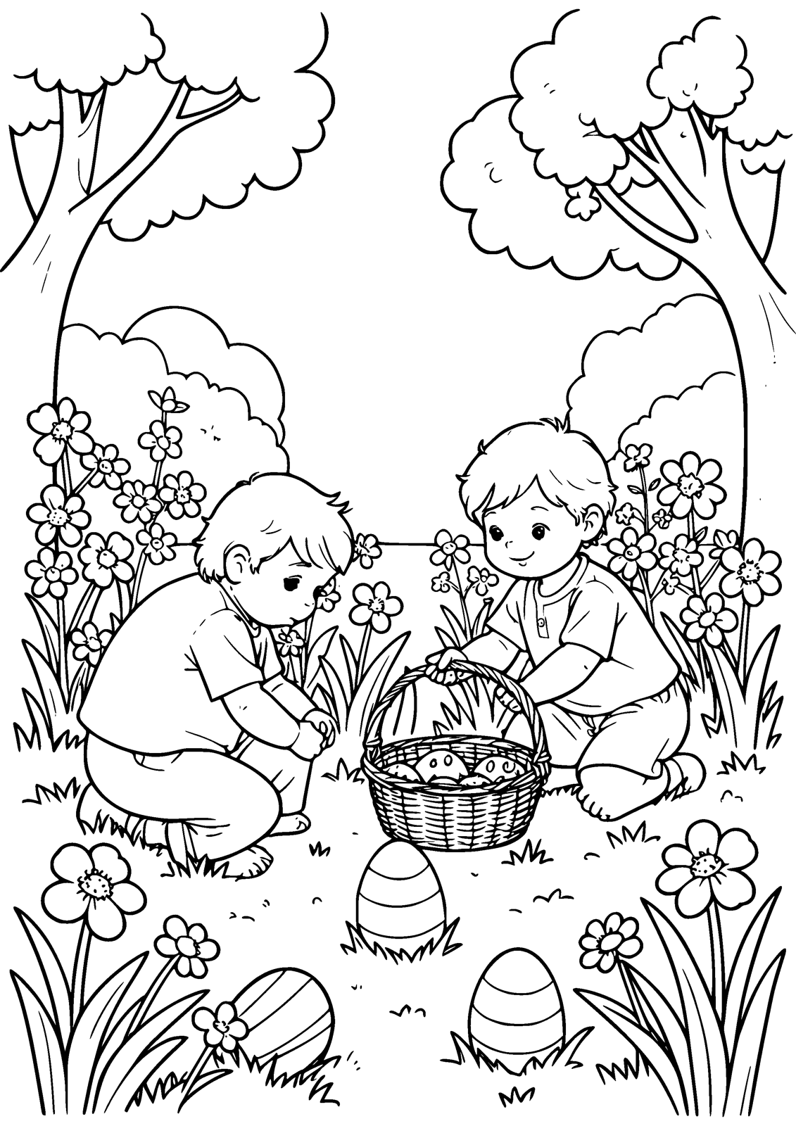 Easter Egg Hunt coloring page — children hunt for eggs in a spring garden, free printable line art to color