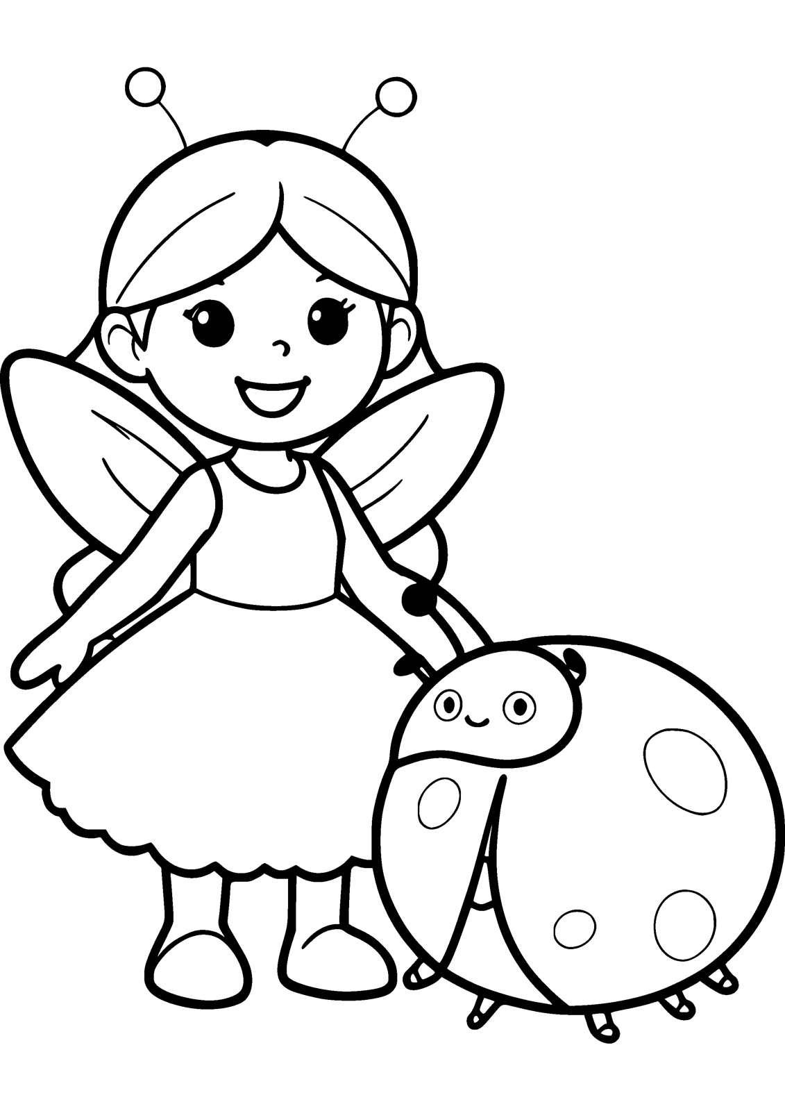 Fairy and Ladybug coloring page — a fairy stands beside a big ladybug, free printable line art to color
