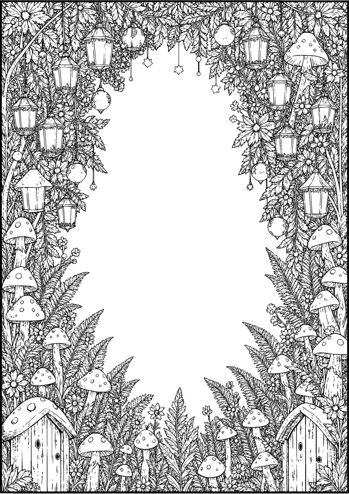 Fairy Garden at Night 색칠공부 도안 — A night garden of lanterns, fireflies and toadstools, 무료 인쇄용