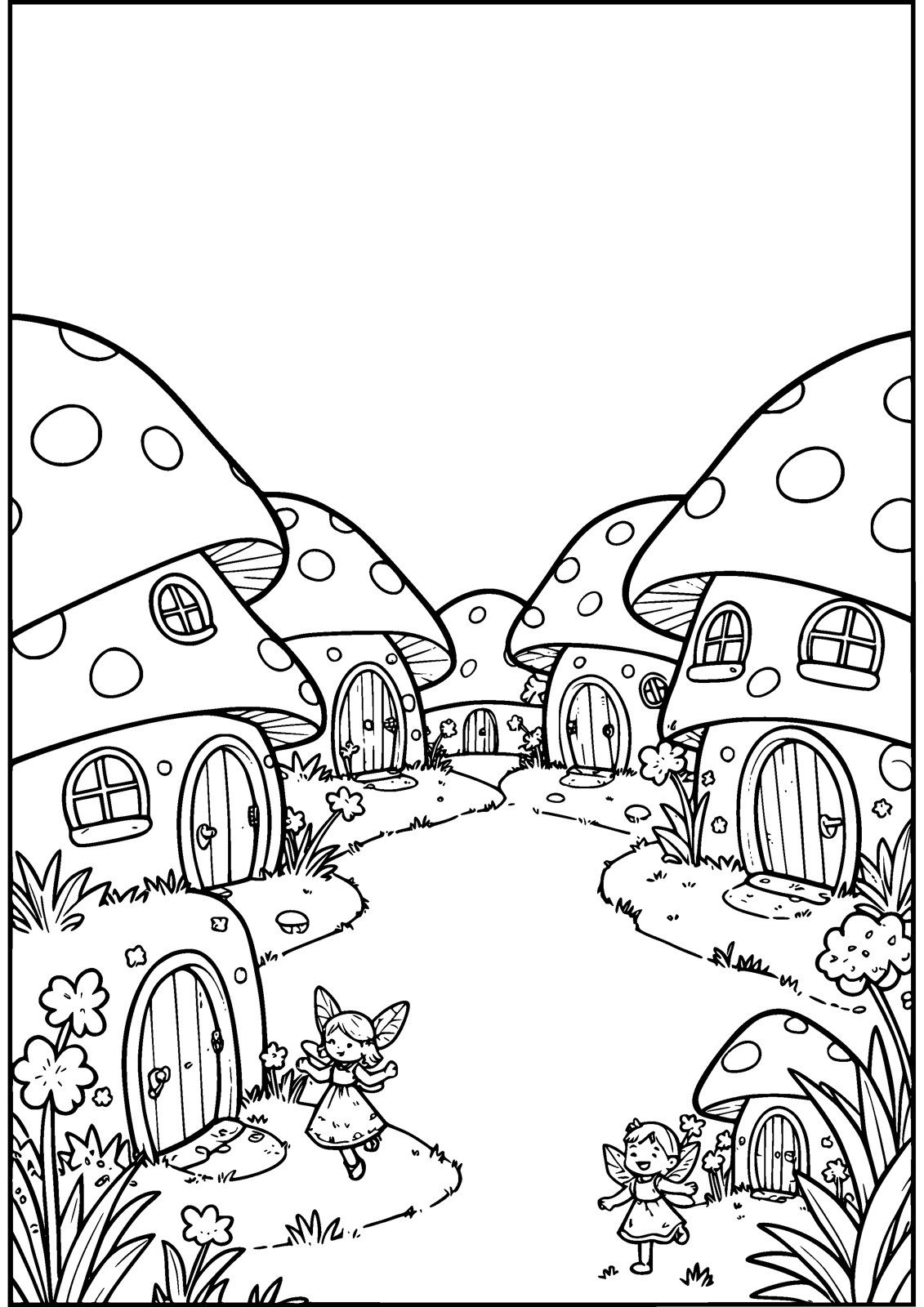 Mushroom Village Fairies coloring page — fairies live in a village of mushroom houses, free printable line art to color