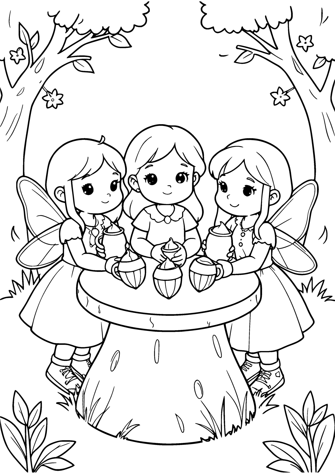 Fairy Tea Party coloring page — fairies take tea on a toadstool table, free printable line art to color