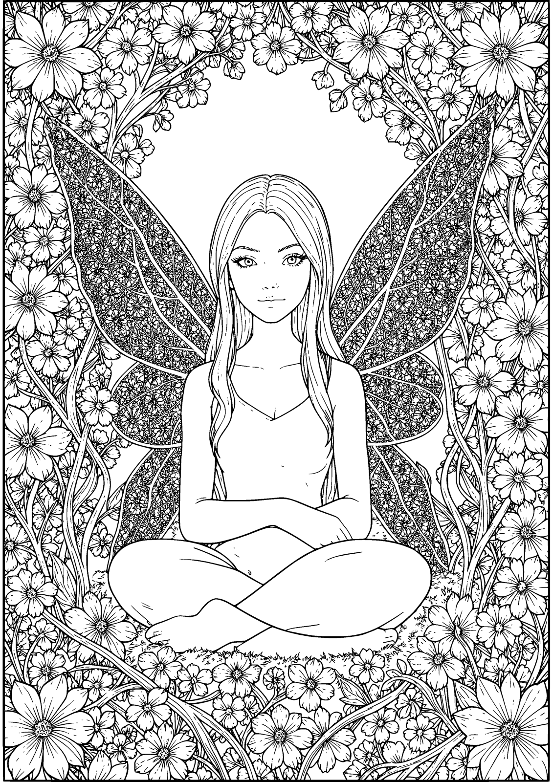 Wings of Lace 색칠공부 도안 — A fairy with wings of fine lace patterning, 무료 인쇄용