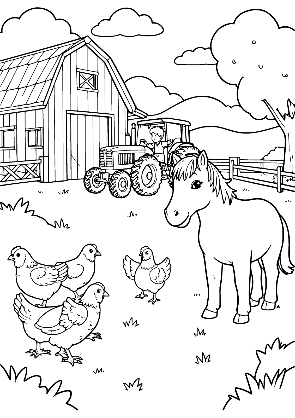 Farm Morning coloring page — help with the morning chores on the farm, free printable line art to color