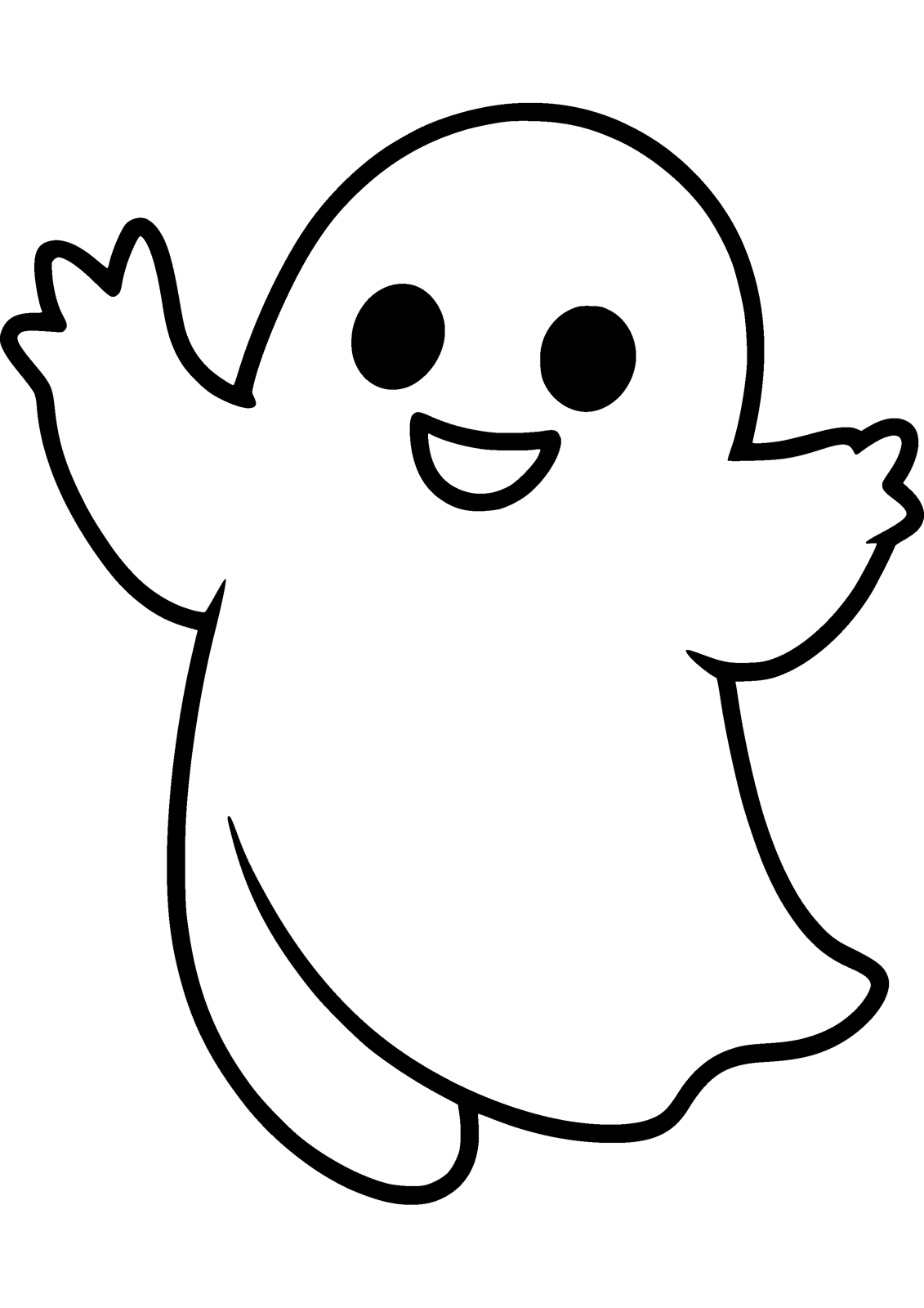 Happy Ghost coloring page — a round friendly ghost waves hello, free printable line art to color