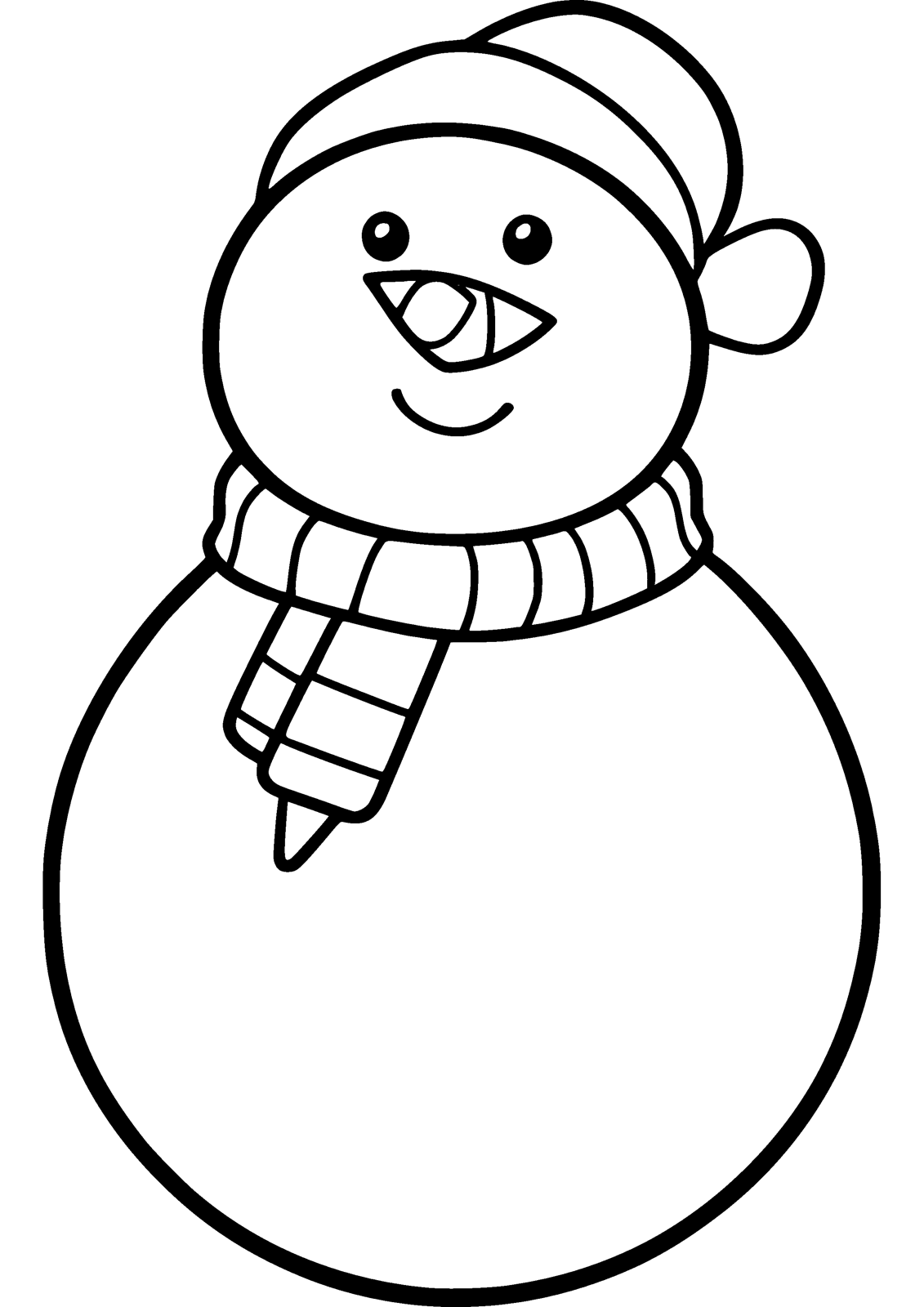 Happy Snowman coloring page — a round snowman in a striped scarf, free printable line art to color