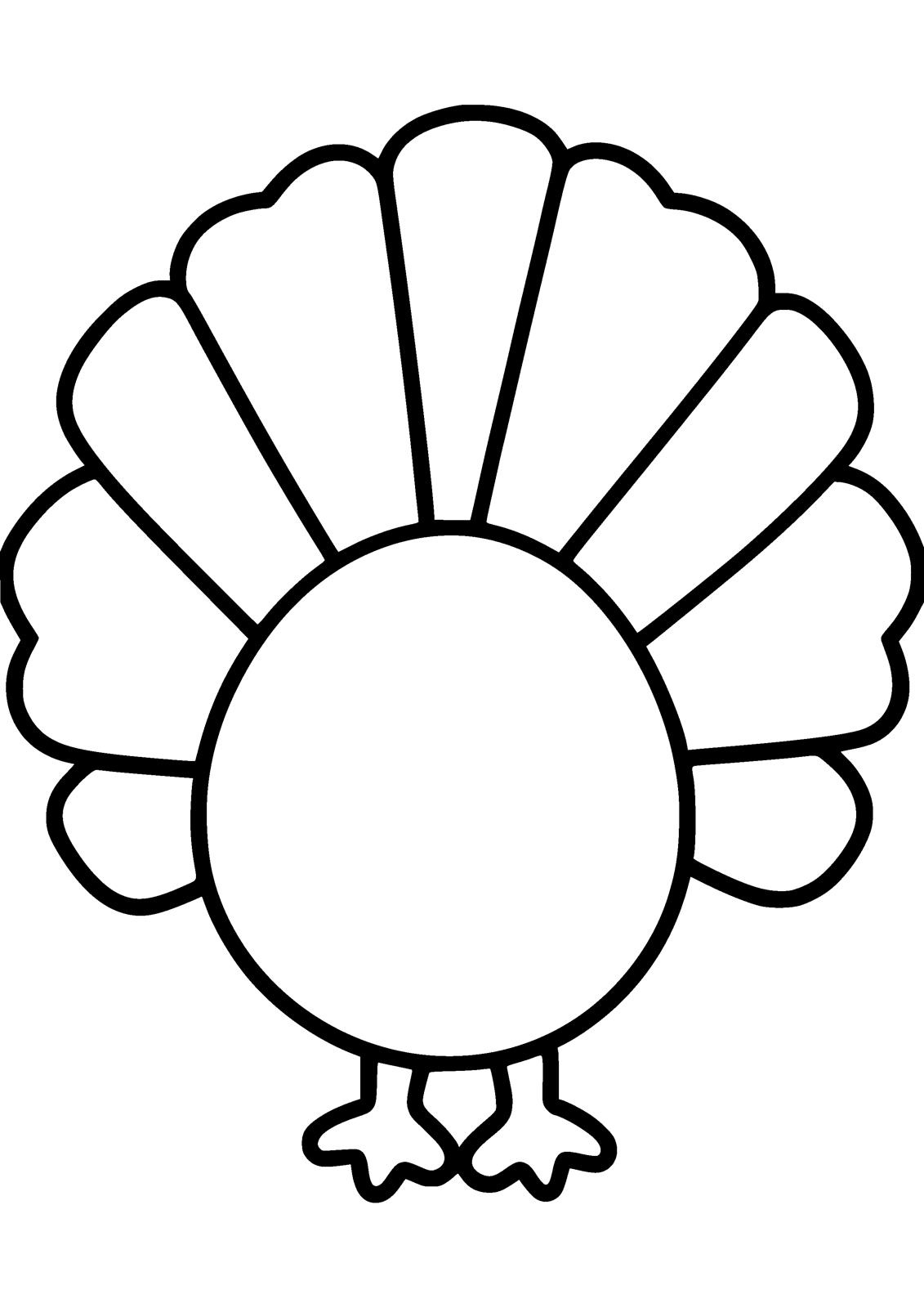 Happy Turkey coloring page — a round turkey fans out its tail feathers, free printable line art to color