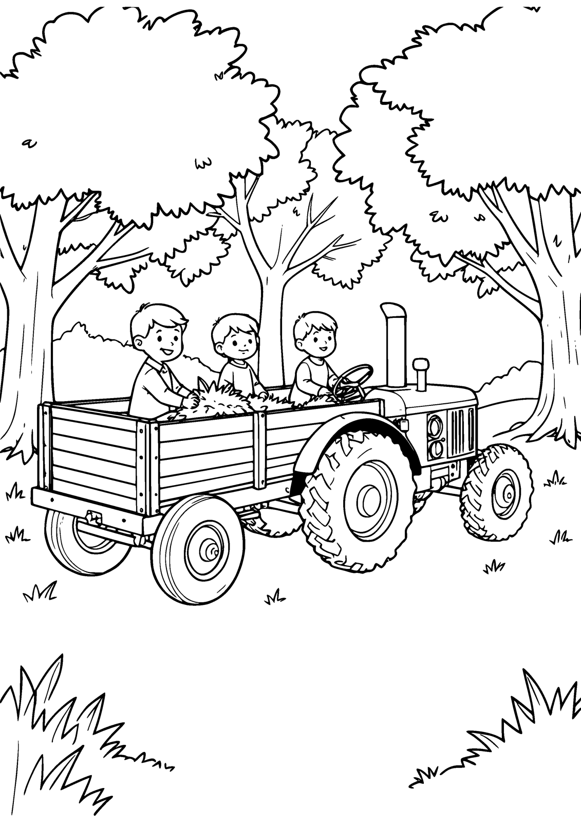 Autumn Hay Ride coloring page — children ride a hay wagon past autumn trees, free printable line art to color