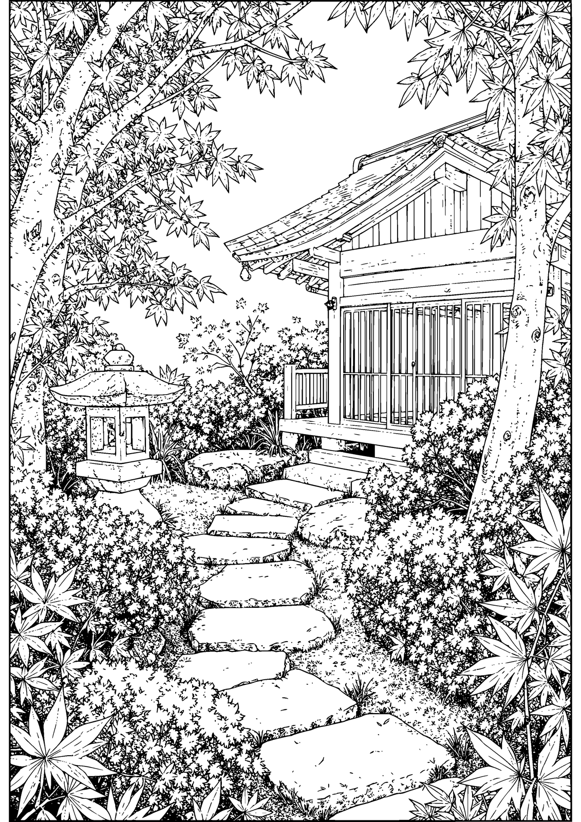 Japanese Tea Garden coloring page — tranquility flows through the old tea garden, free printable line art to color
