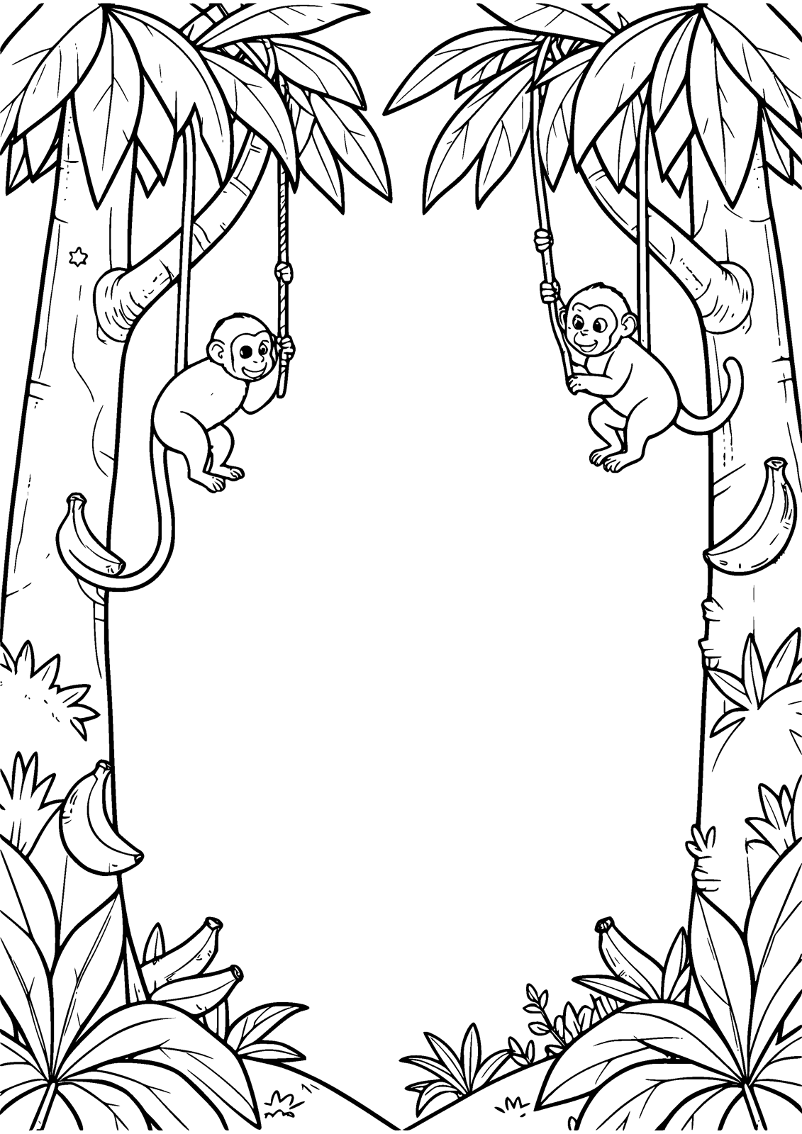 Jungle Monkeys coloring page — monkeys swing through the jungle on long vines, free printable line art to color