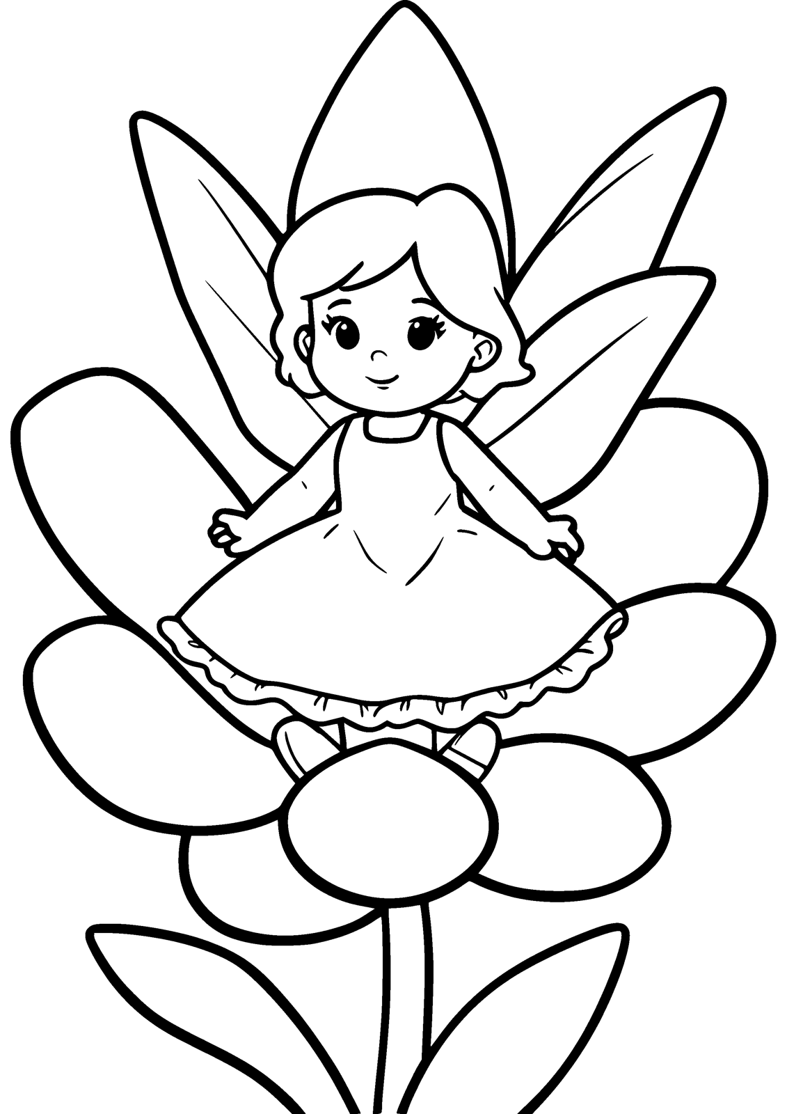 Fairy in a Flower coloring page — a little fairy sits inside a big flower, free printable line art to color
