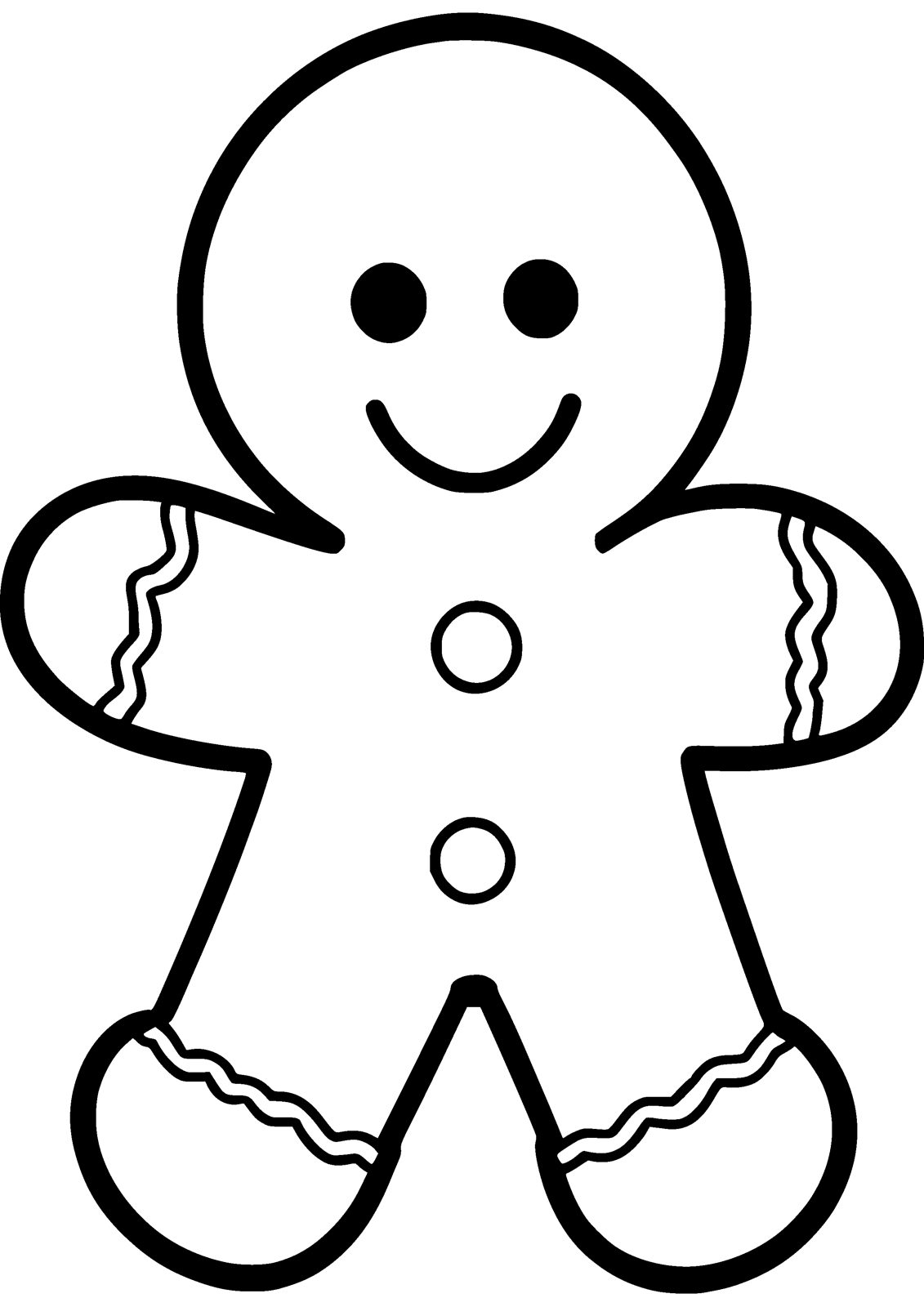 Gingerbread Friend coloring page — a smiling gingerbread person with icing buttons, free printable line art to color