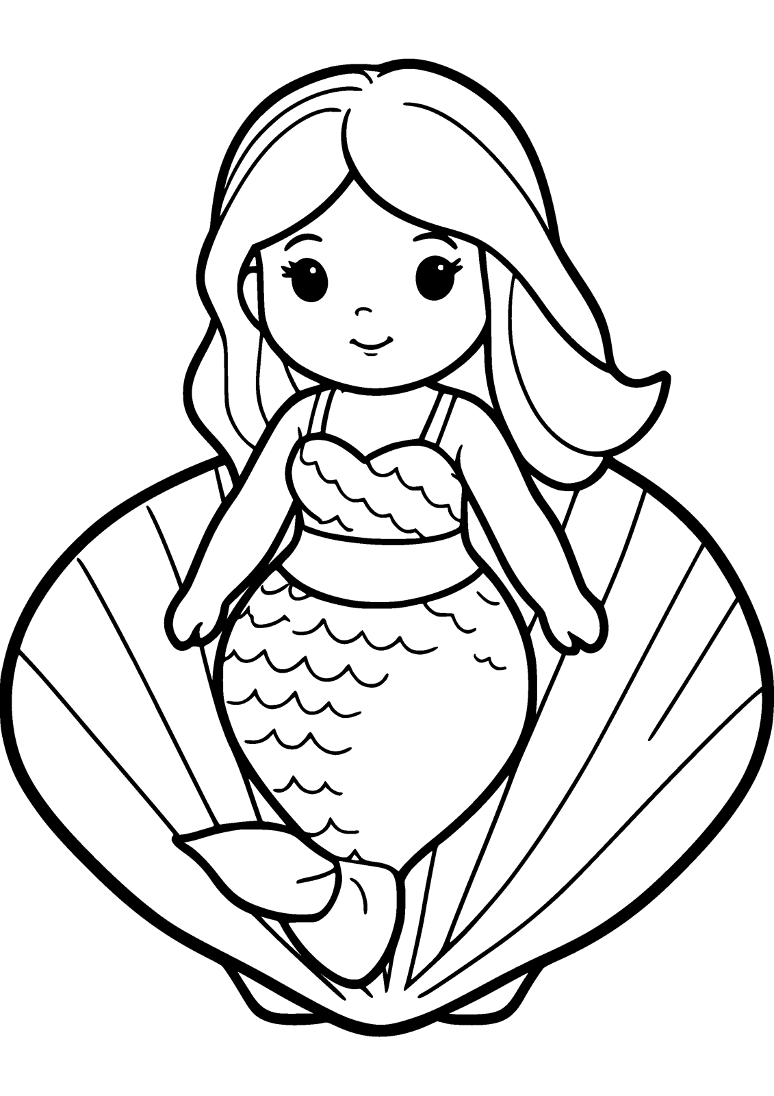 Mermaid on a Shell coloring page — a little mermaid sits on a scallop shell, free printable line art to color