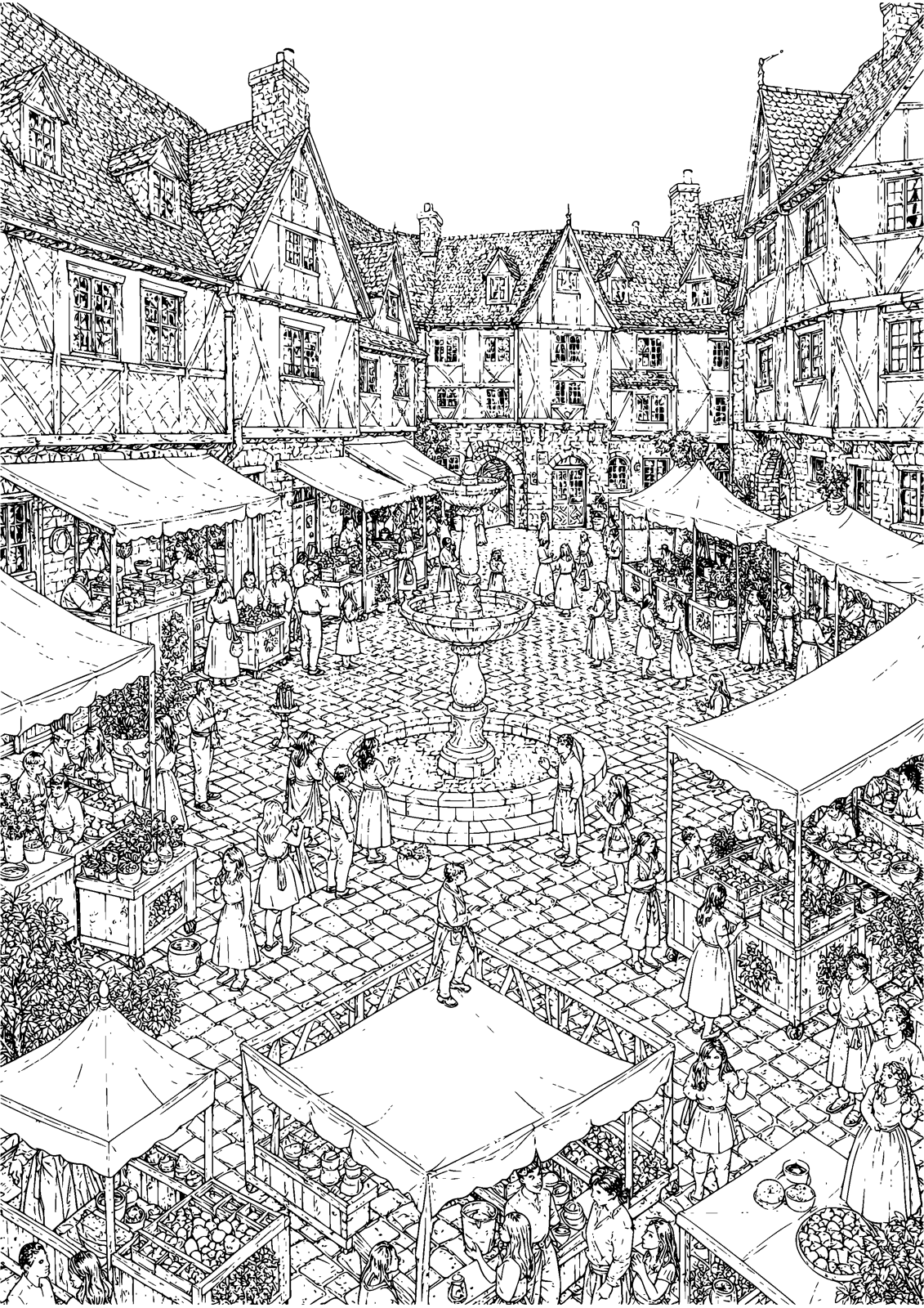 Medieval Market coloring page — market day bustles in the medieval square, free printable line art to color