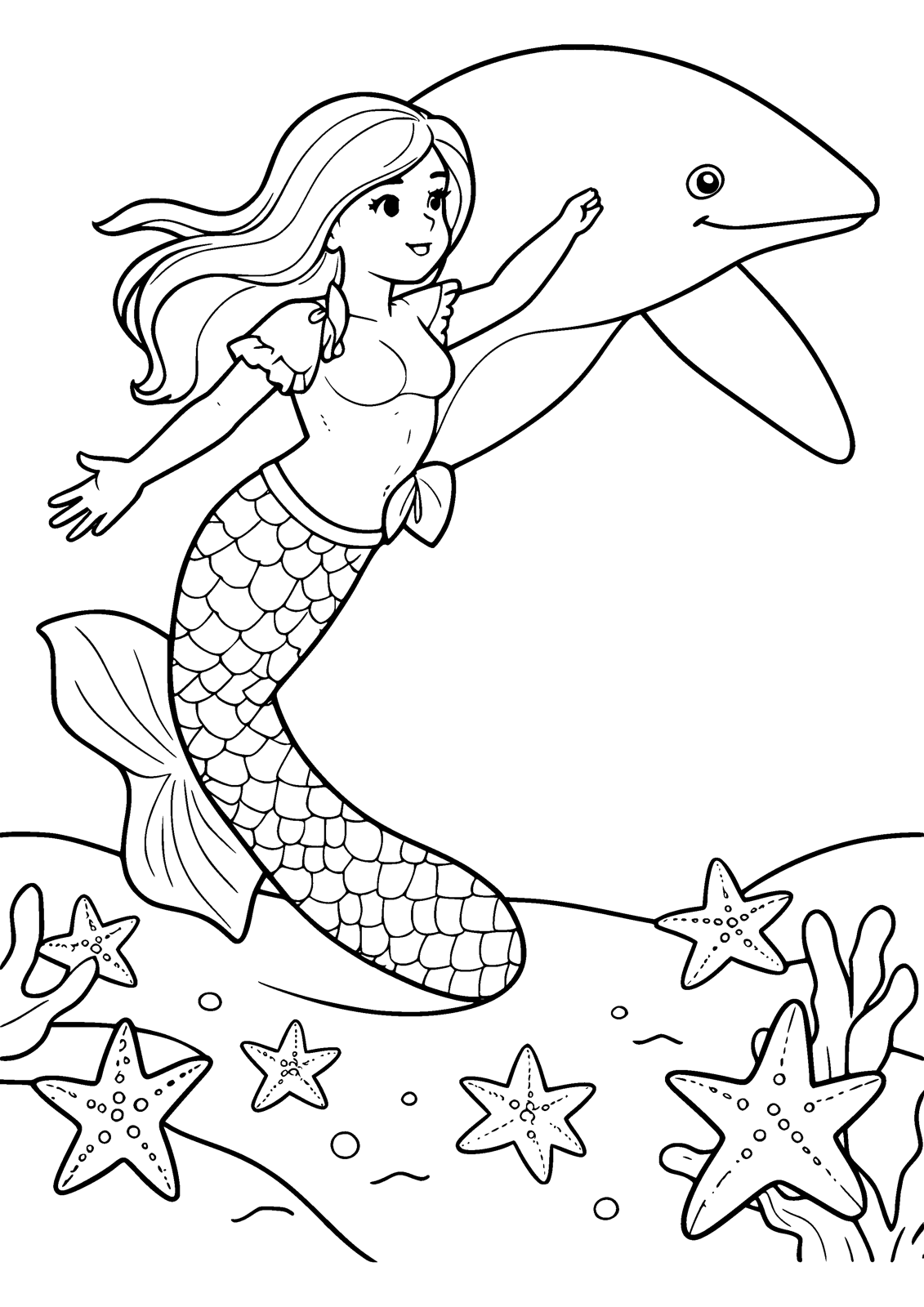 Mermaid and Dolphin coloring page — a mermaid swims alongside a dolphin over the seabed, free printable line art to color