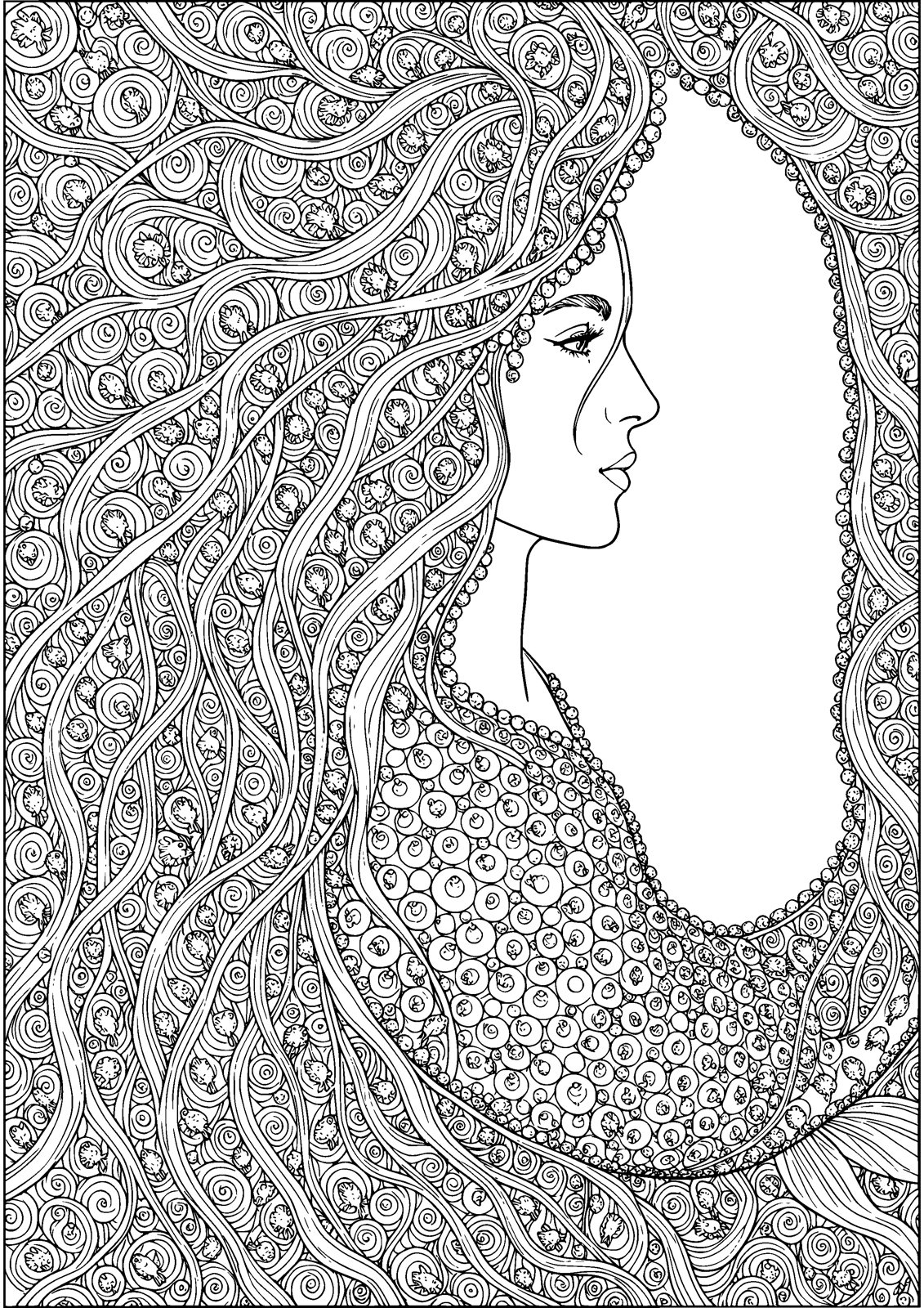 Mermaid Hair of Waves 색칠공부 도안 — A mermaid whose hair is woven from waves and shells, 무료 인쇄용