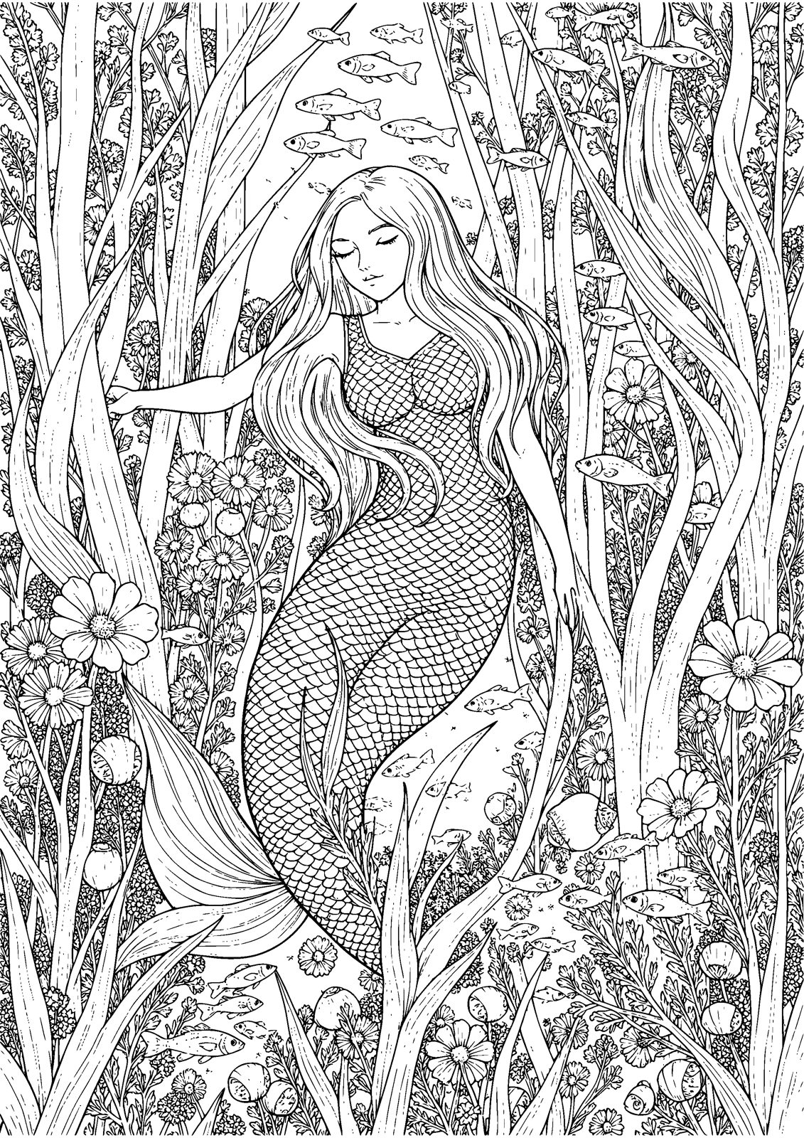 Mermaid in the Kelp Forest 색칠공부 도안 — A mermaid rests among kelp, anemones and fish, 무료 인쇄용