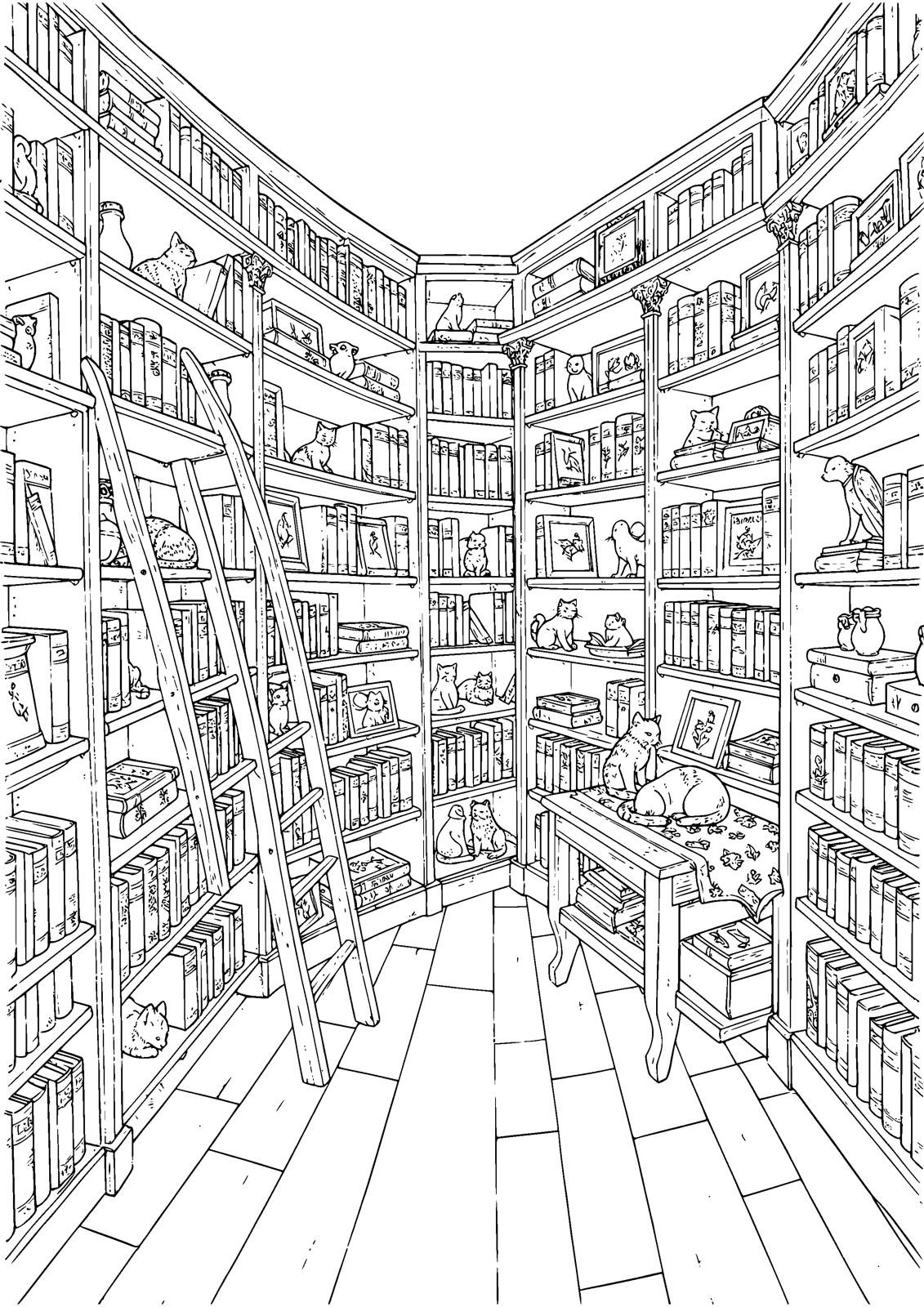 Old Bookshop coloring page — stories wait on every shelf of the old bookshop, free printable line art to color