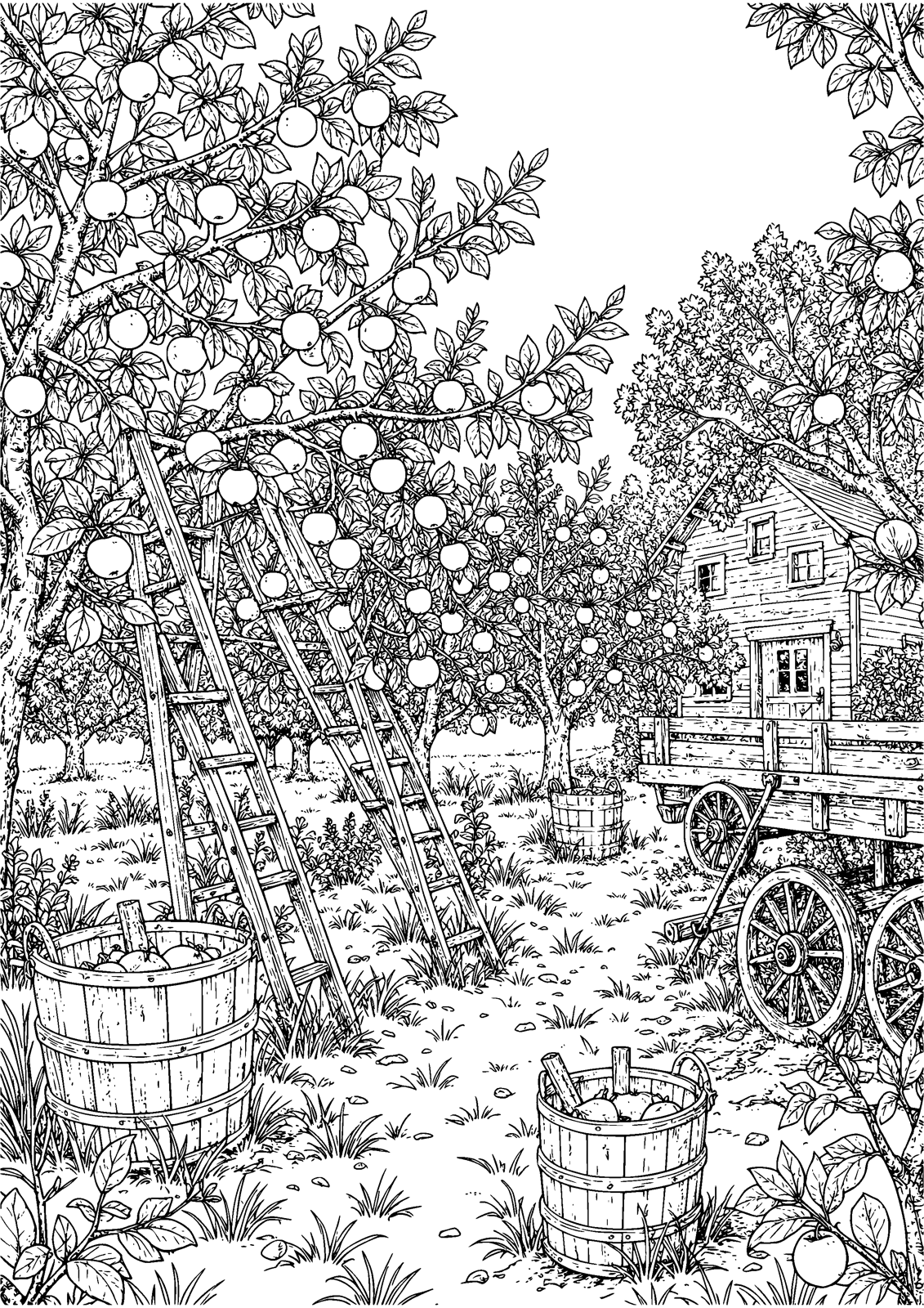 Orchard Harvest coloring page — baskets fill quickly on harvest day, free printable line art to color