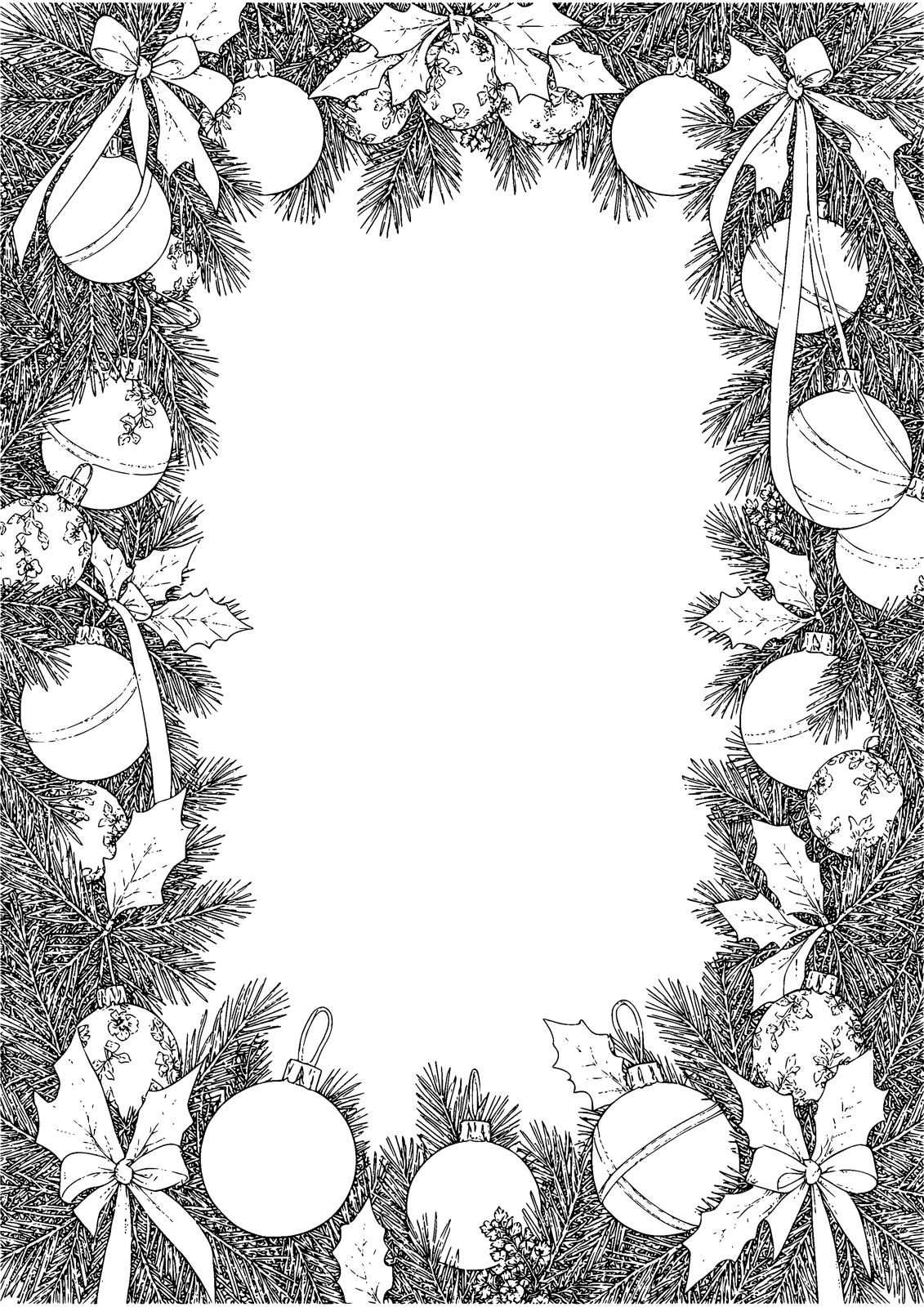 Ornaments and Holly coloring page — ornaments layered with holly and ribbon, free printable line art to color