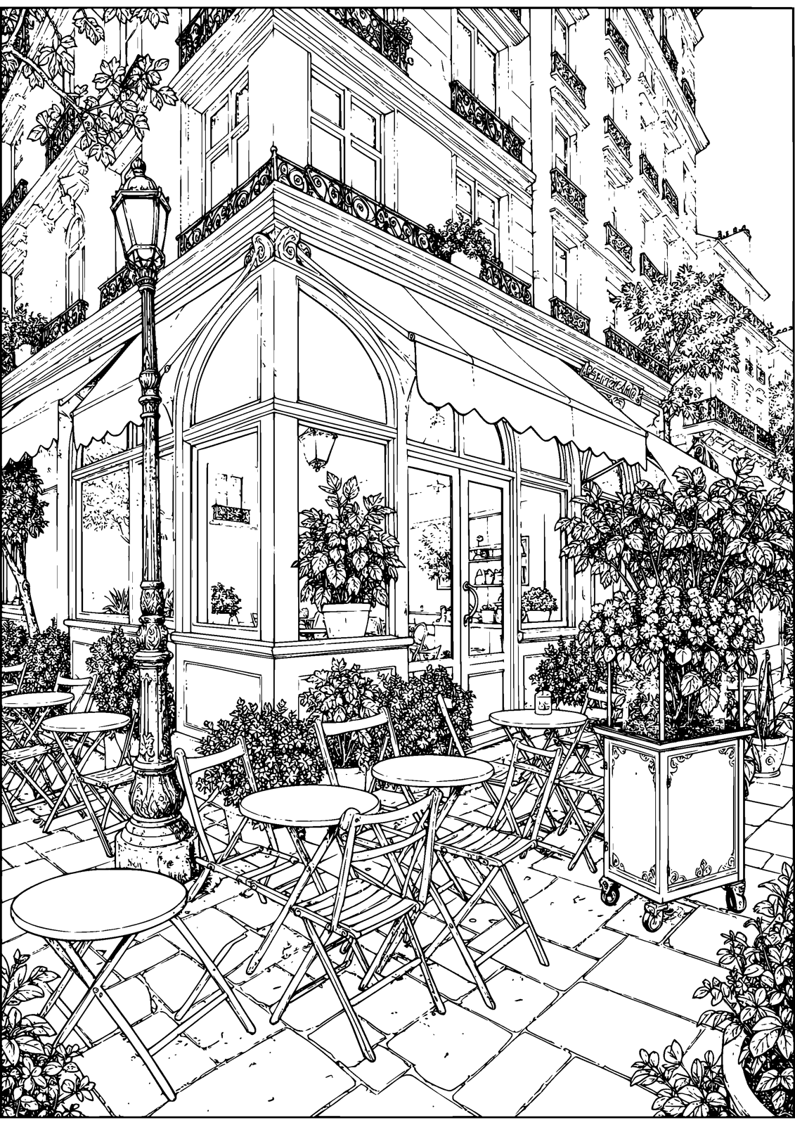 Parisian Cafe coloring page — morning coffee at a charming Parisian corner, free printable line art to color