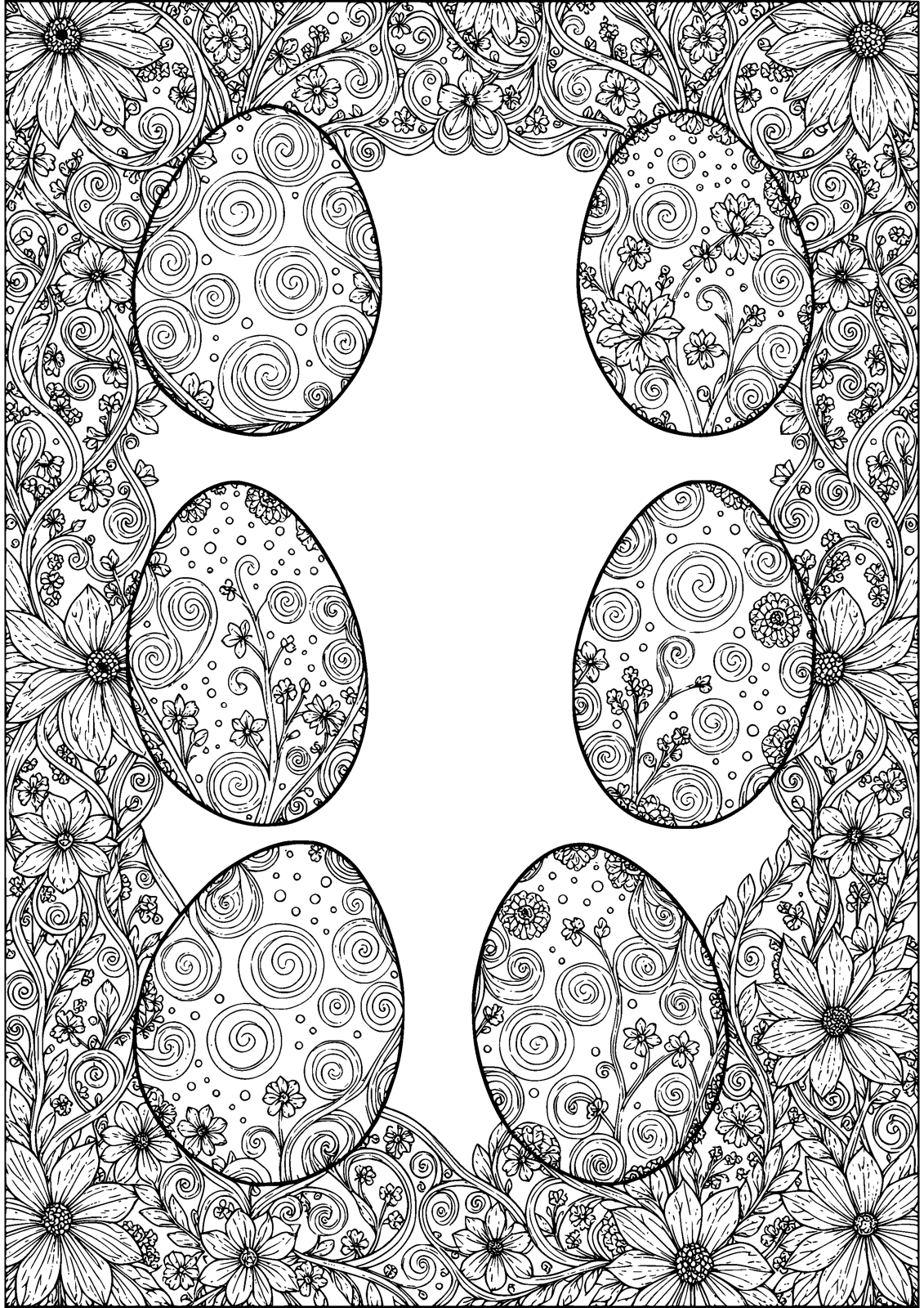 Patterned Easter Eggs coloring page — six eggs, each with its own intricate pattern, free printable line art to color