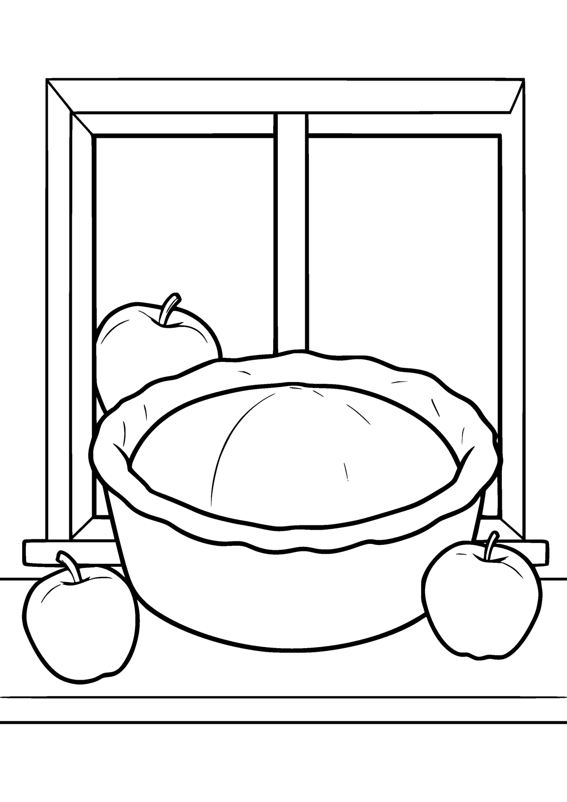 Pie on the Windowsill coloring page — a pumpkin pie cools beside two apples, free printable line art to color