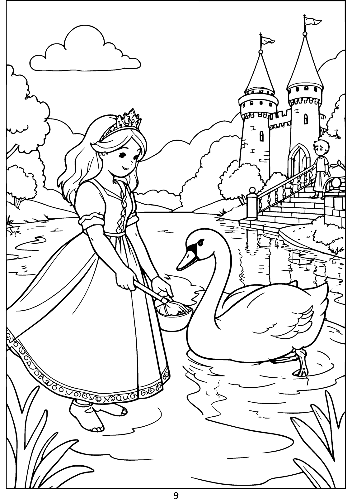 Princess and the Swans coloring page — a princess feeds swans by the castle steps, free printable line art to color