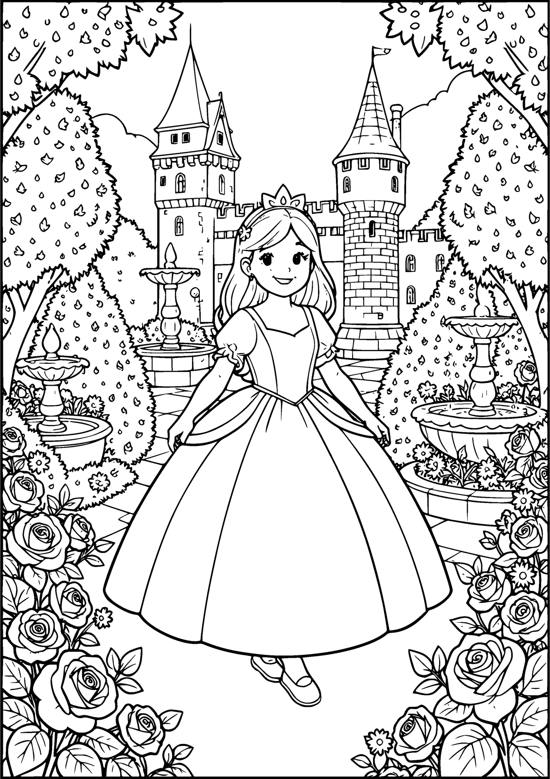 Princess in the Castle Garden coloring page — a princess walks a garden of topiary and roses, free printable line art to color