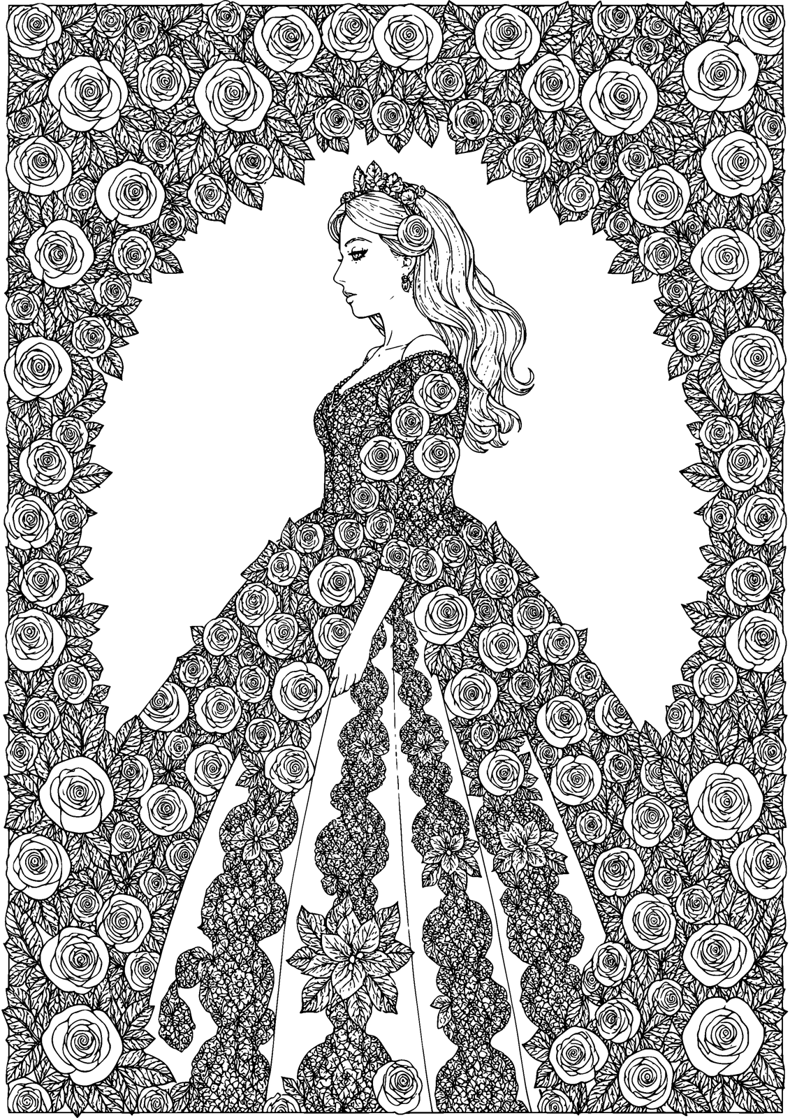 Gown of Roses coloring page — a princess in a gown woven from roses and lace, free printable line art to color