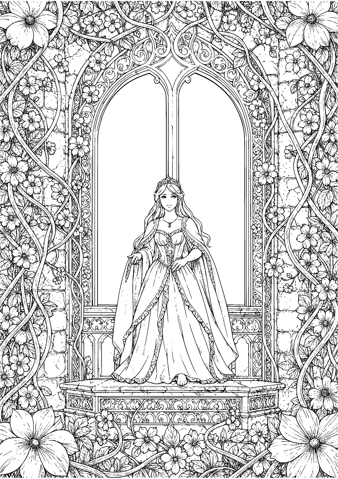 The Tower Window coloring page — a princess framed by vines and carved stonework, free printable line art to color