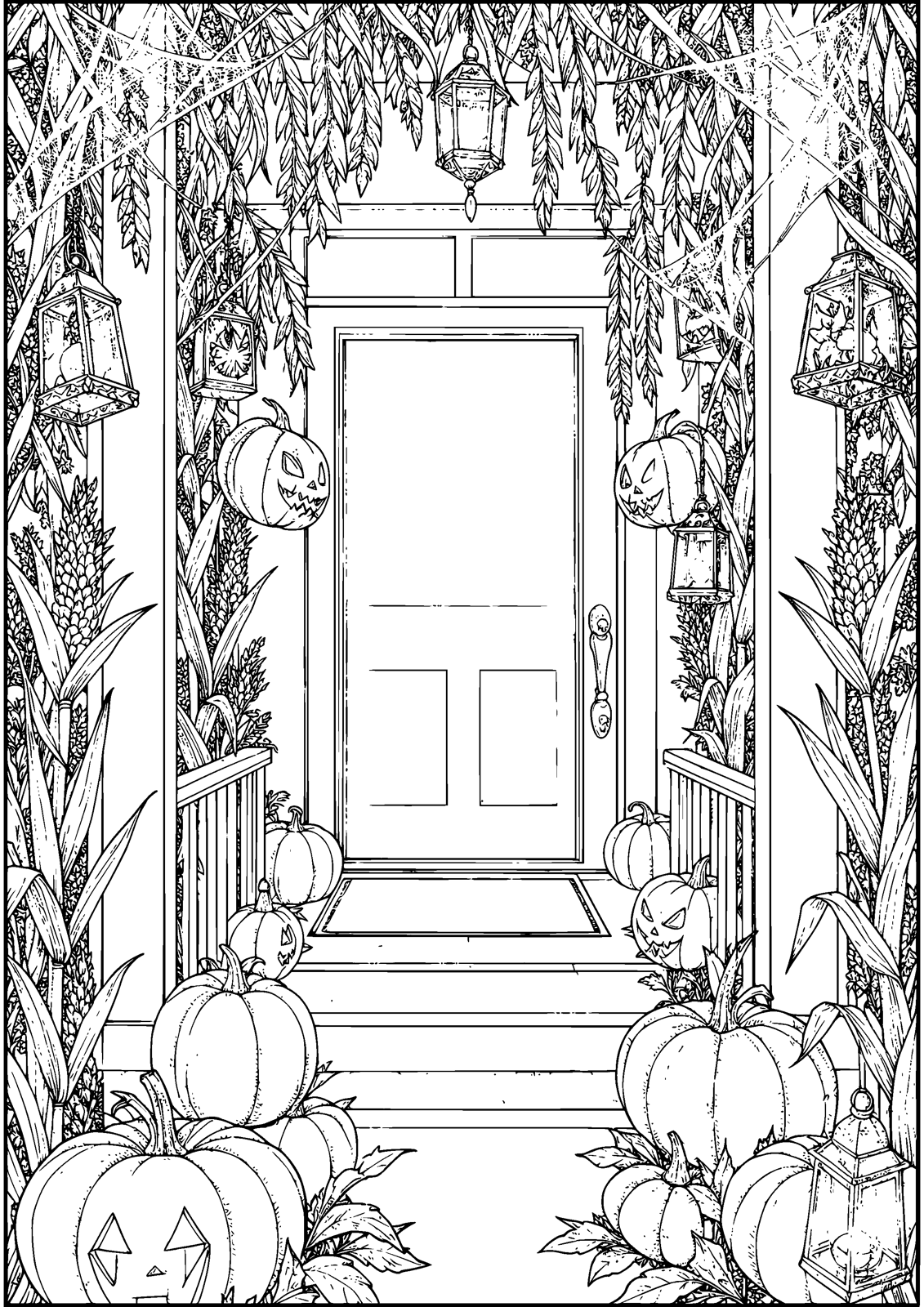 Pumpkin Porch coloring page — a porch packed with carved pumpkins and lanterns, free printable line art to color