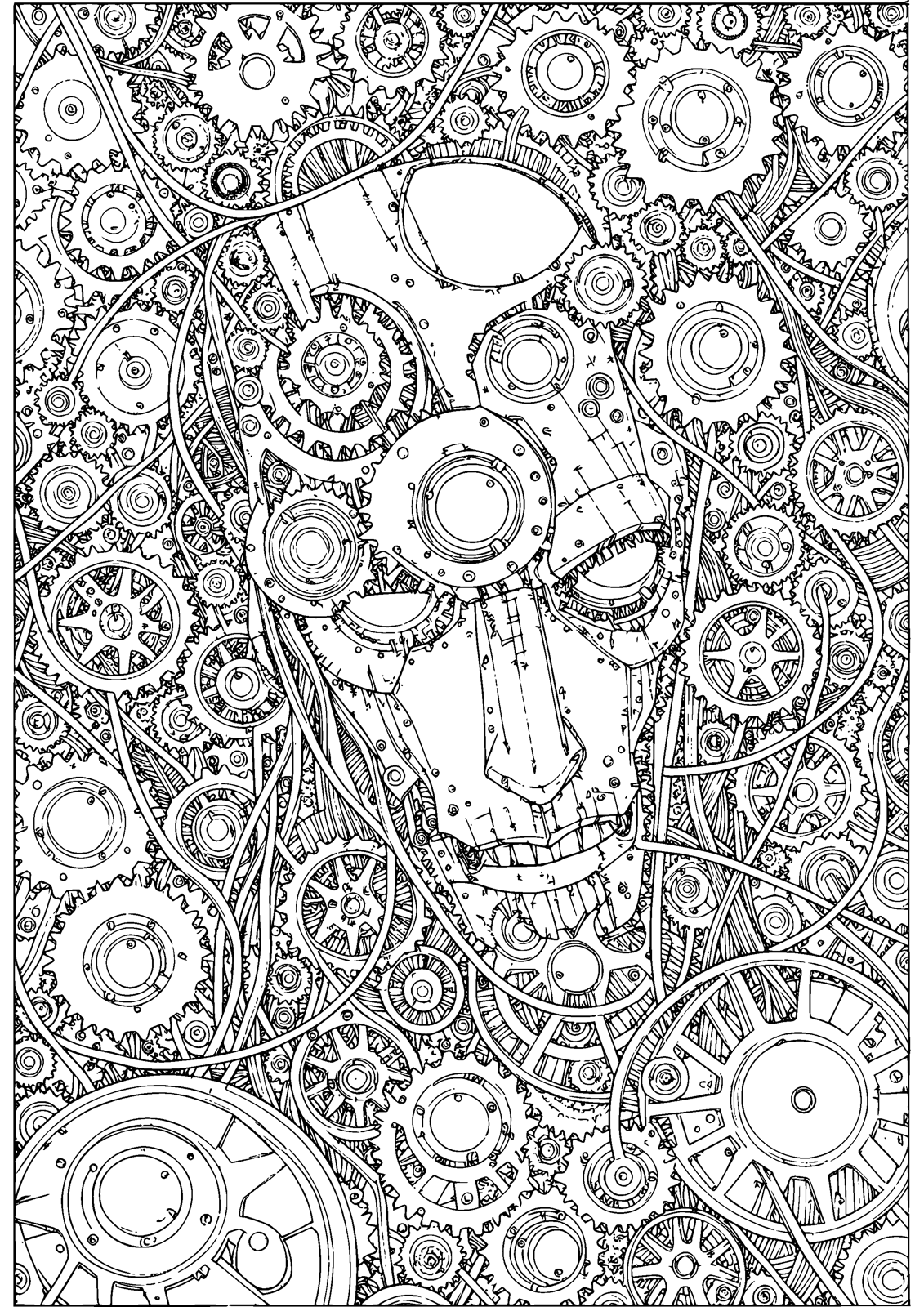 Inside the Robot coloring page — a robot head revealing gears, wires and circuits, free printable line art to color