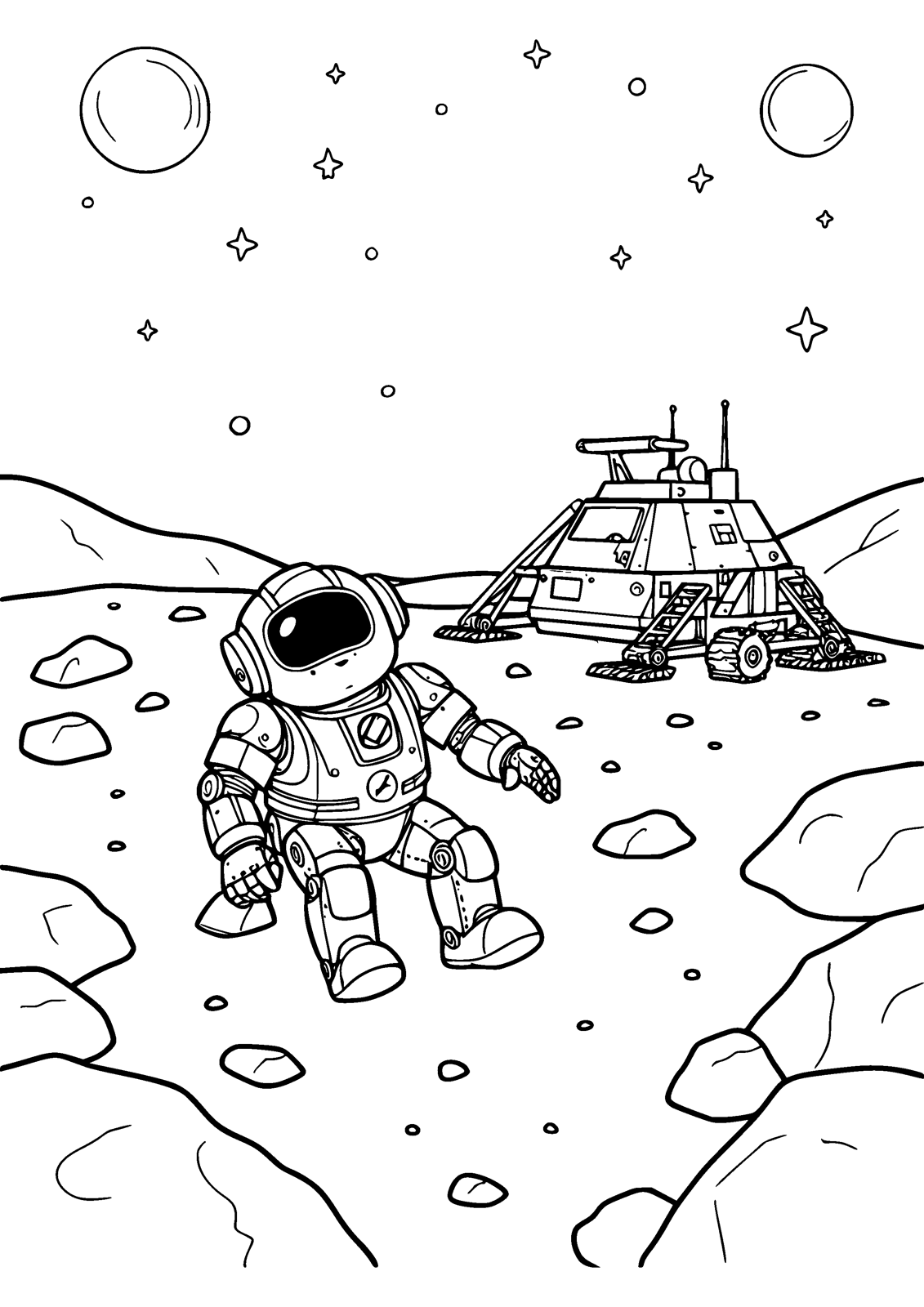 Robot Space Explorer coloring page — a rover robot explores a rocky planet, free printable line art to color