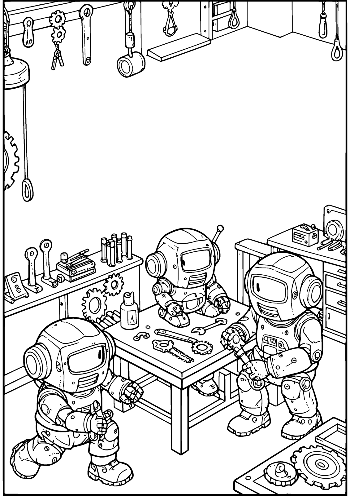 Robot Workshop Crew coloring page — repair robots at work with tools and gears, free printable line art to color