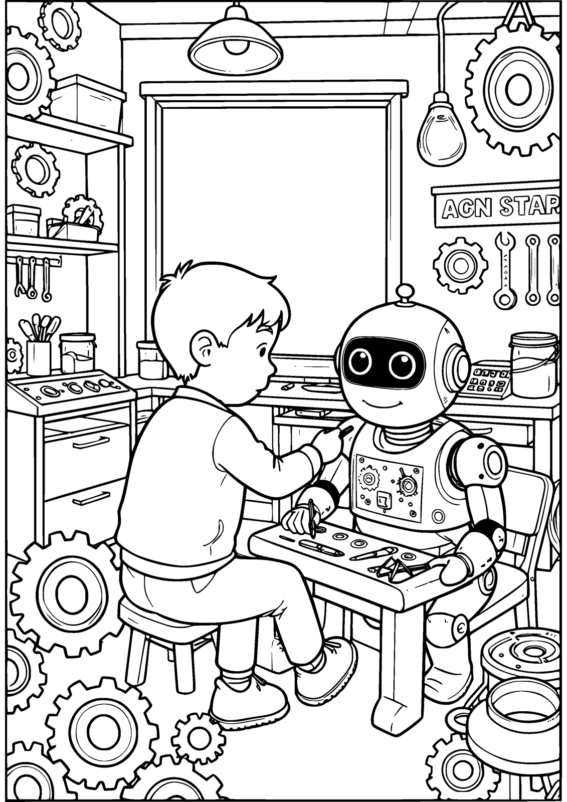Robot Workshop coloring page — build a friendly robot in the busy workshop, free printable line art to color